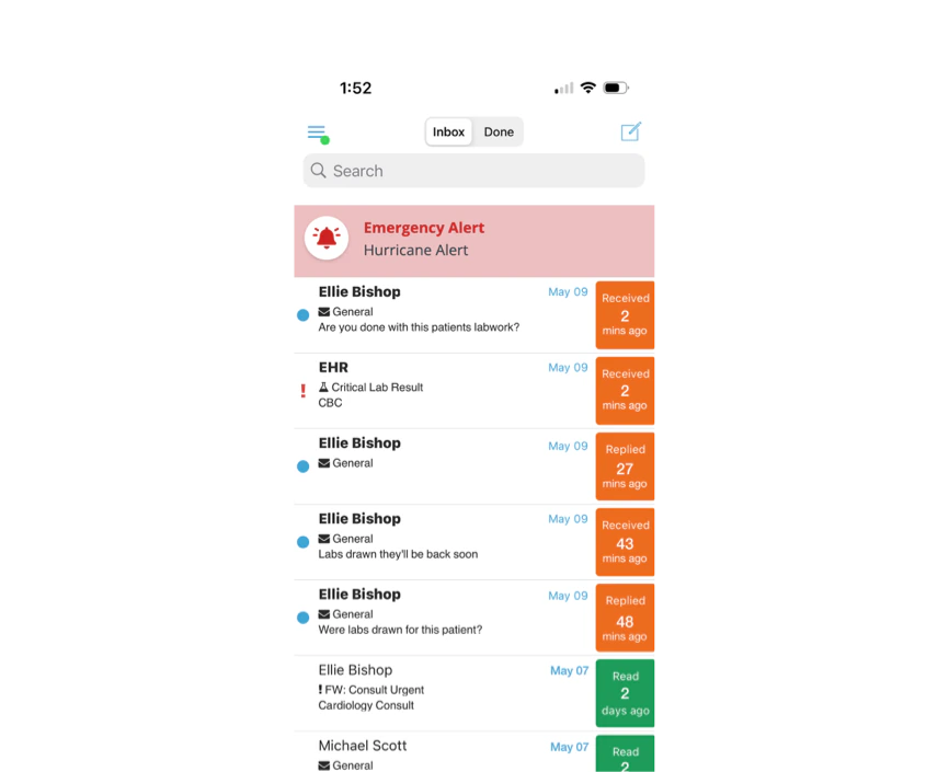 Healthcare software inbox showing emergency alerts and patient messages