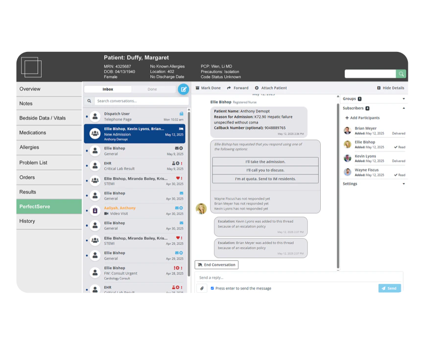 Healthcare software interface showing patient information, messages, and task management for a nurse
