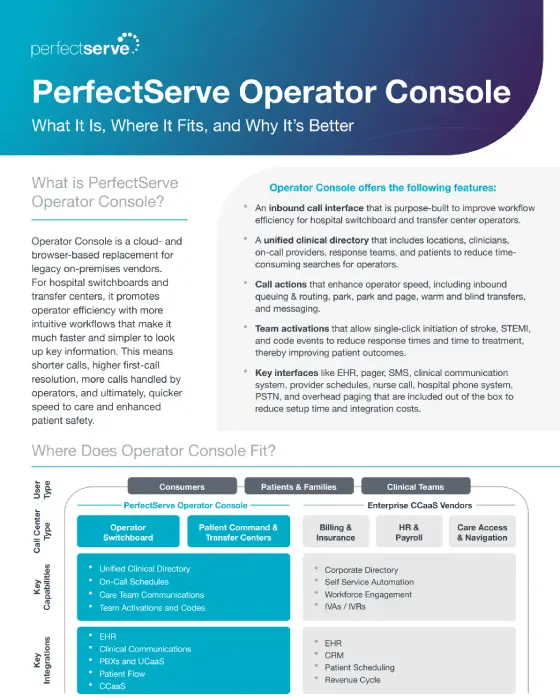 PerfectServe Operator Console document highlighting features, fit, and benefits for healthcare operators