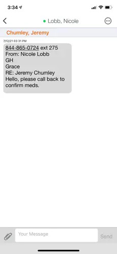 Secure messaging app showing a request to call back and confirm medications