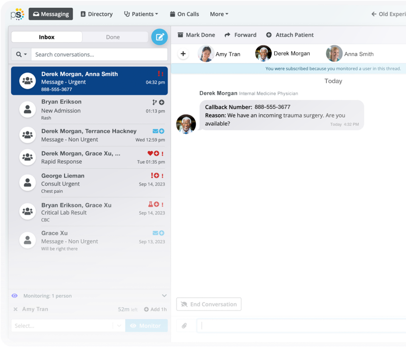 Messaging inbox with patient messages and a conversation about an incoming trauma surgery