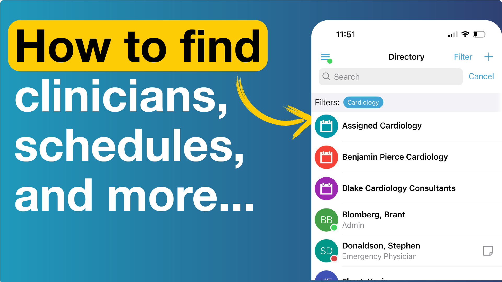 A healthcare directory app showing how to find clinicians, schedules, and more with a filter for cardiology