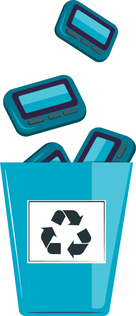 Illustration of pagers in a recycling bin