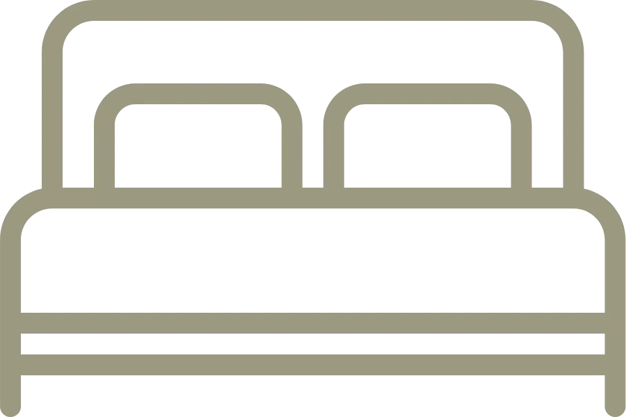 Simple line icon of a bed with two pillows and a headboard.