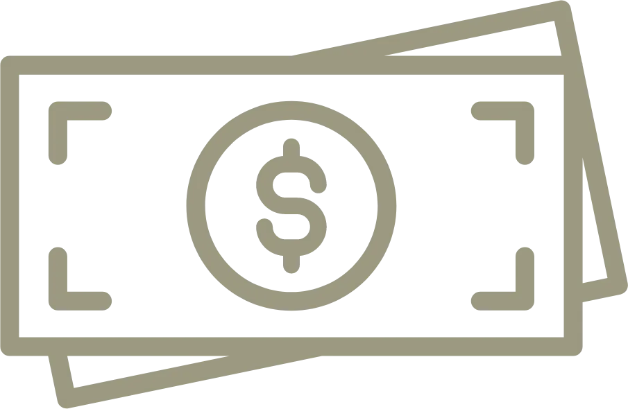 Icon of two overlapping paper bills with a dollar sign in a circle in the center of the front bill.