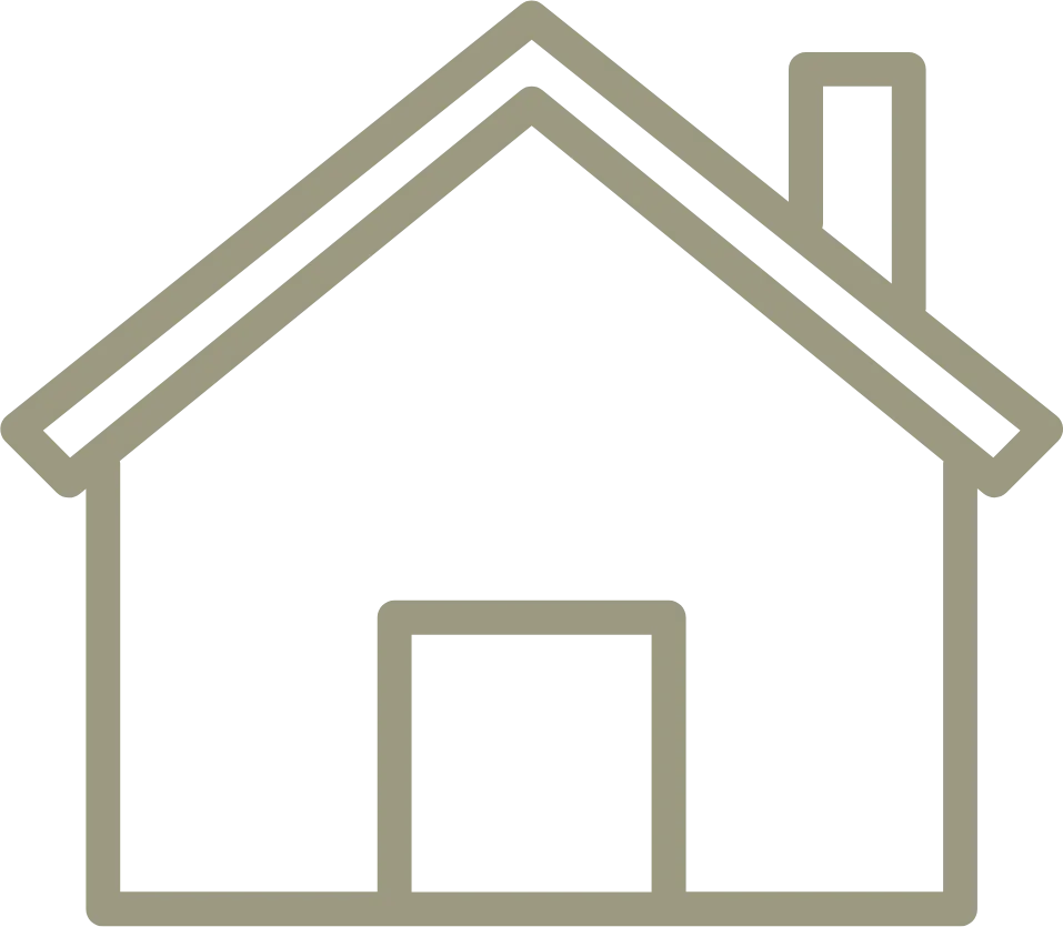 Outline icon of a house with a chimney on the right side of the roof and a centered rectangular door.