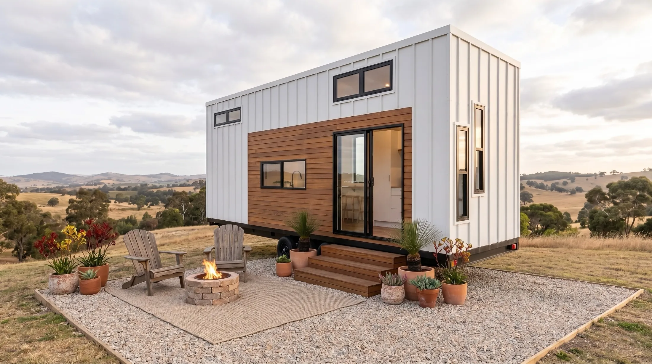 Modern tiny house on wheels with white and wood siding, featuring multiple windows and a sliding glass door, set in a rural landscape with rolling hills and trees under a cloudy sky. In front is a small outdoor area with a stone fire pit, two wooden Adirondack chairs, a woven rug, and several potted plants.