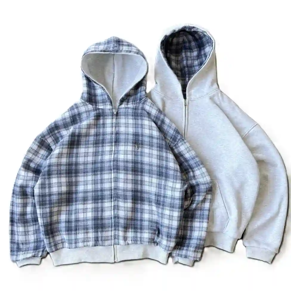 VRK Reversible Plaid Zip-Up Hoodie（Light Grey/Blue)