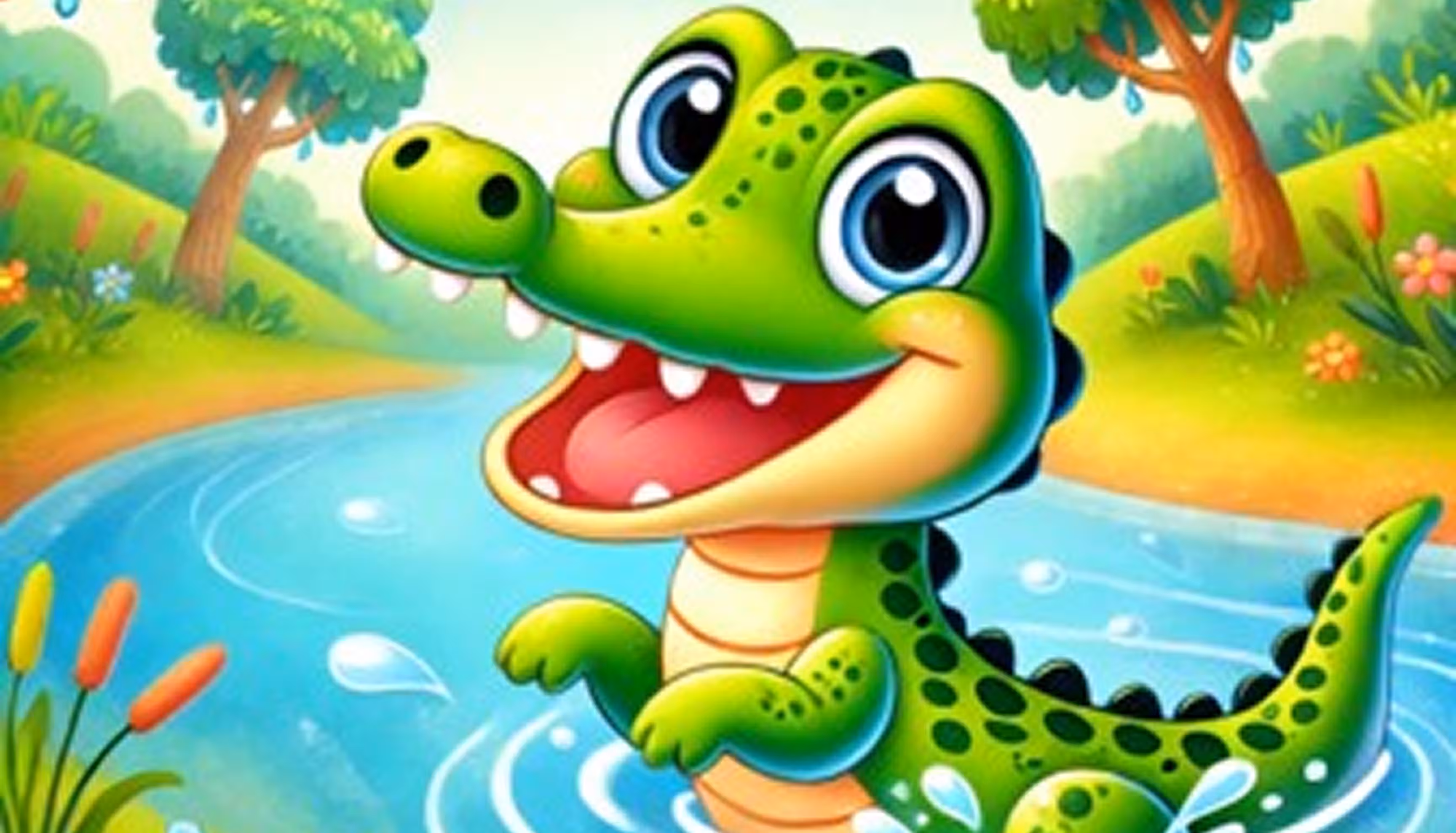 Alex the alligator and Coco the duck meeting by the river