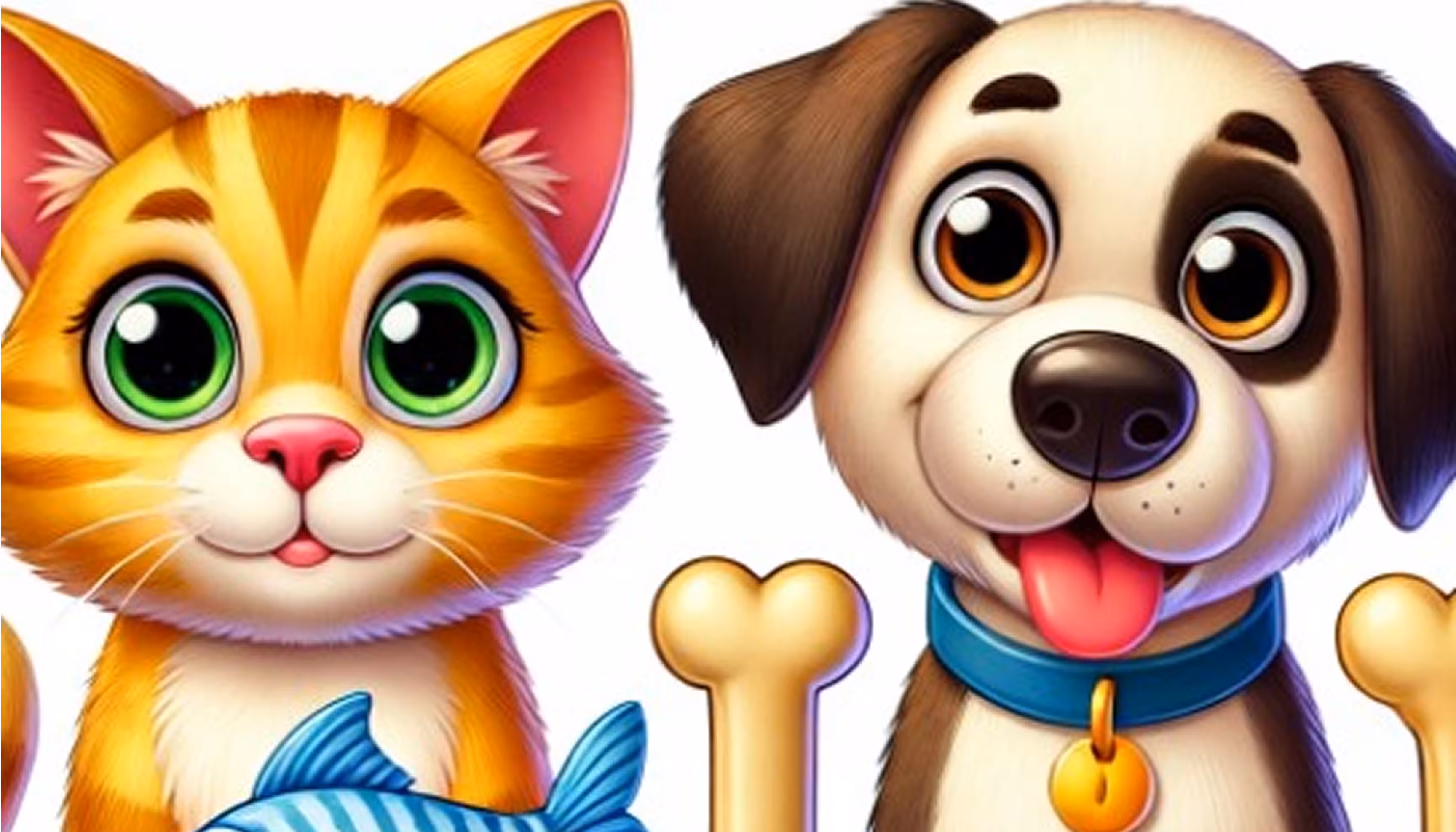 Paul the cat and Max the dog together with food