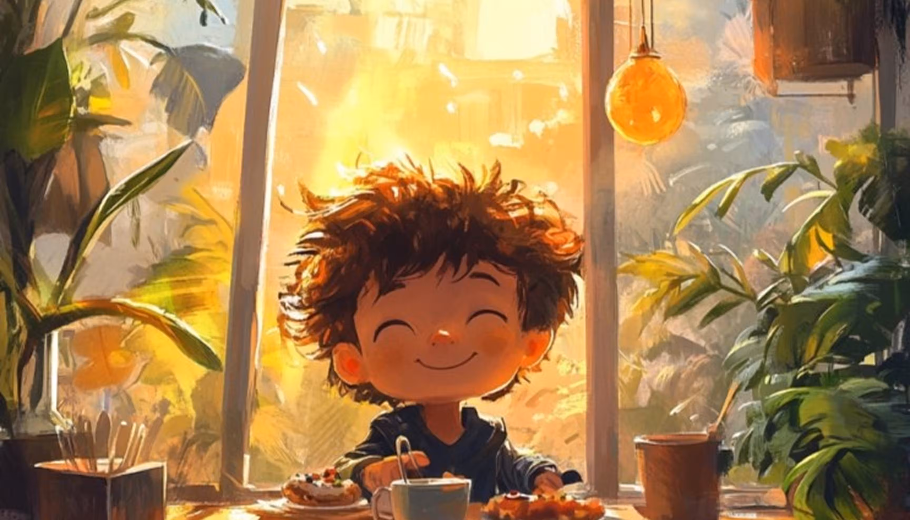 Léo eating his breakfast on a sunny Monday morning