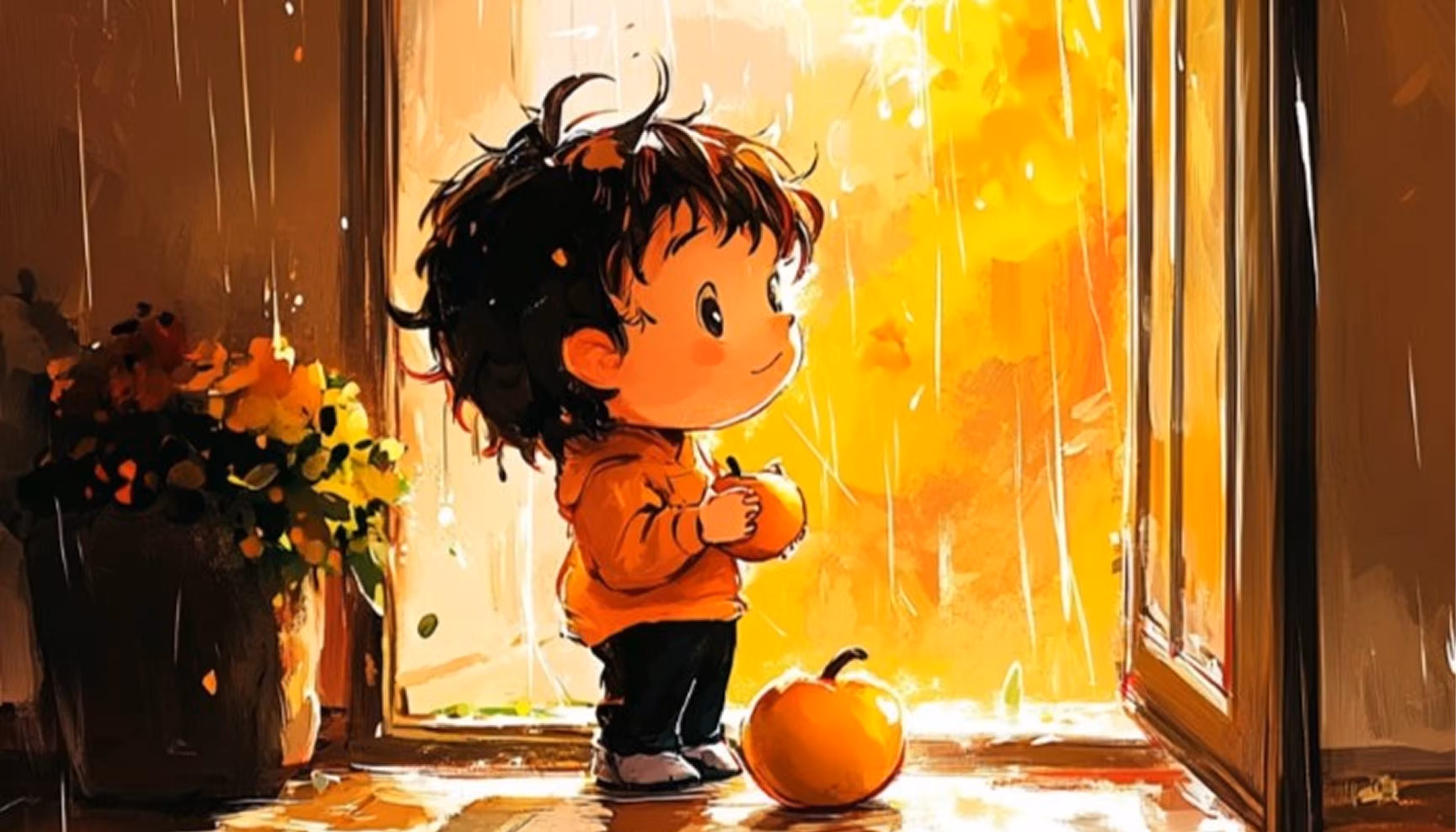 Rain and a storm on Wednesday, Léo at home eating an apple and drinking milk