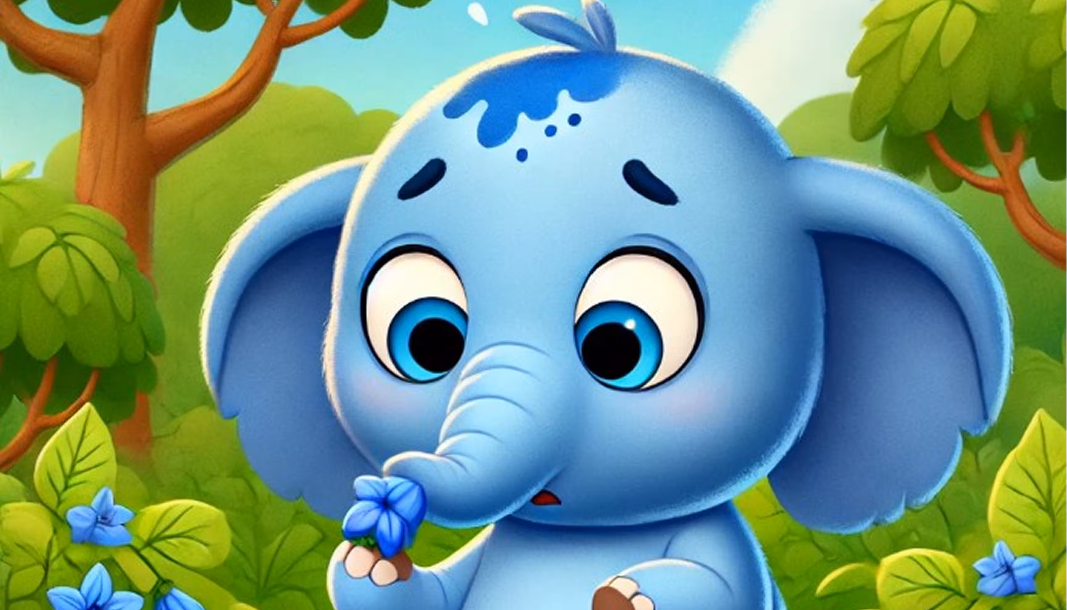 Lucien the elephant eating five blue flowers and turning blue"