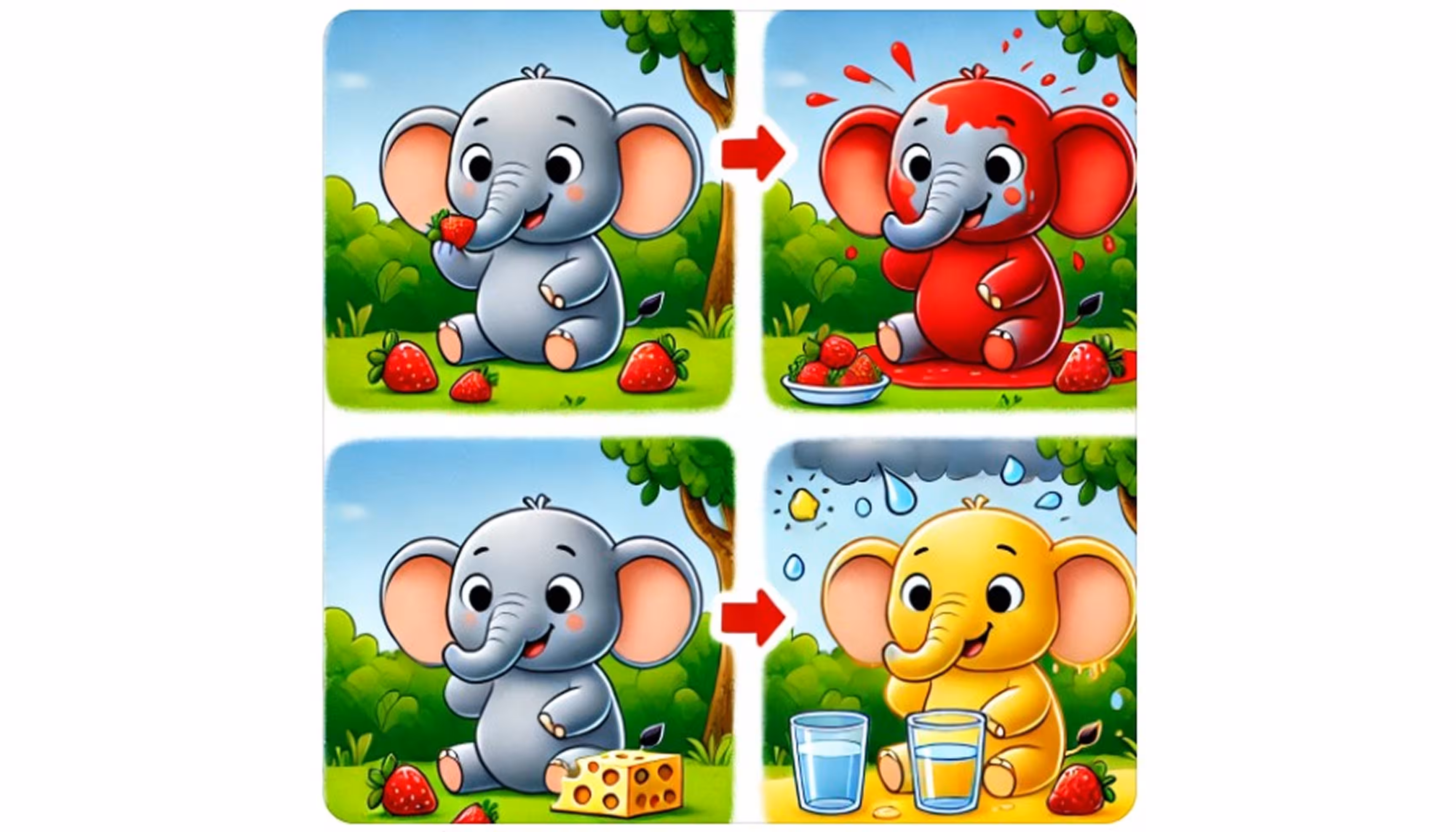 Lucien the elephant eating three red strawberries and turning red"