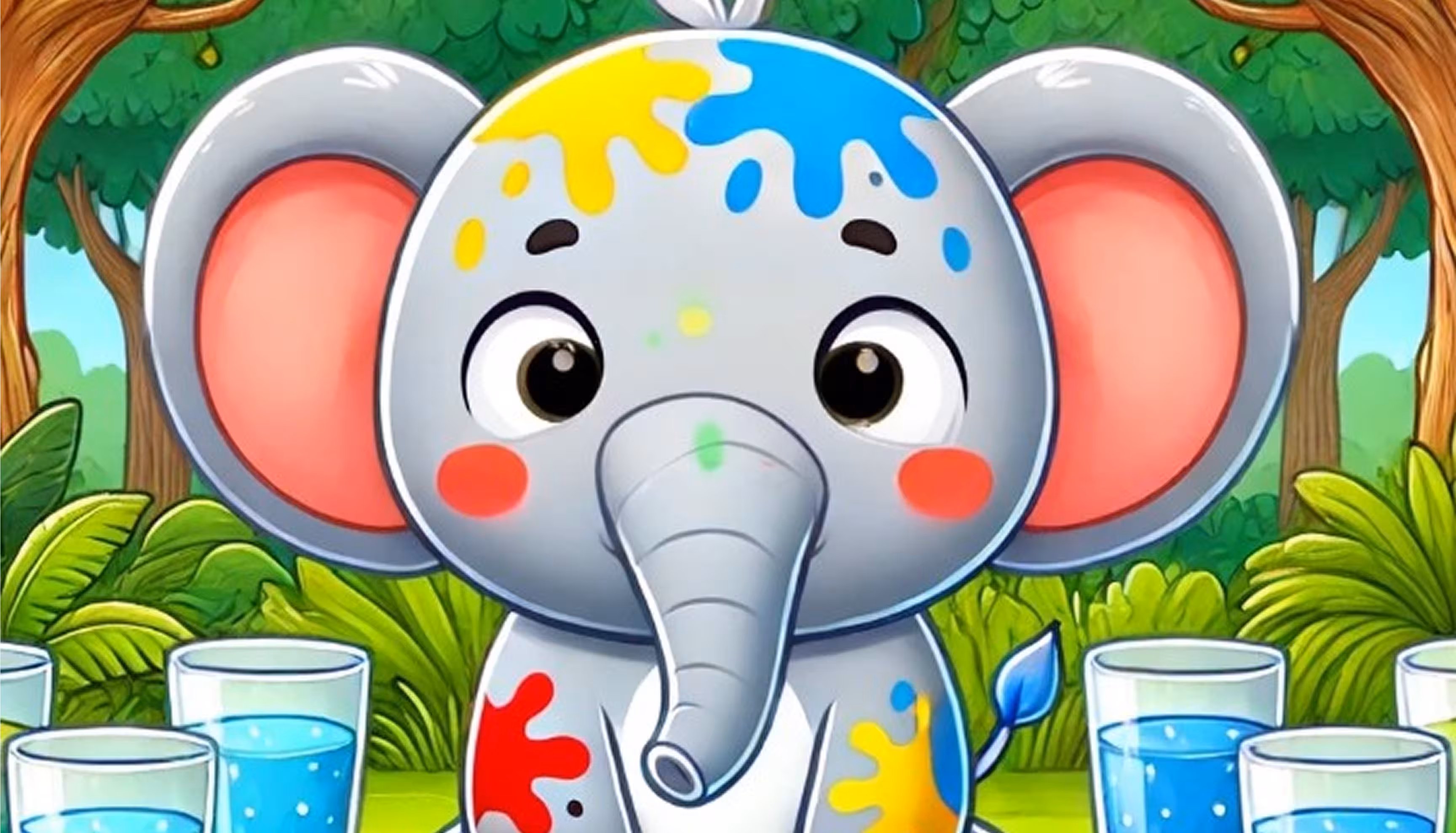 "Lucien the elephant drinking ten glasses of water and turning gray again"