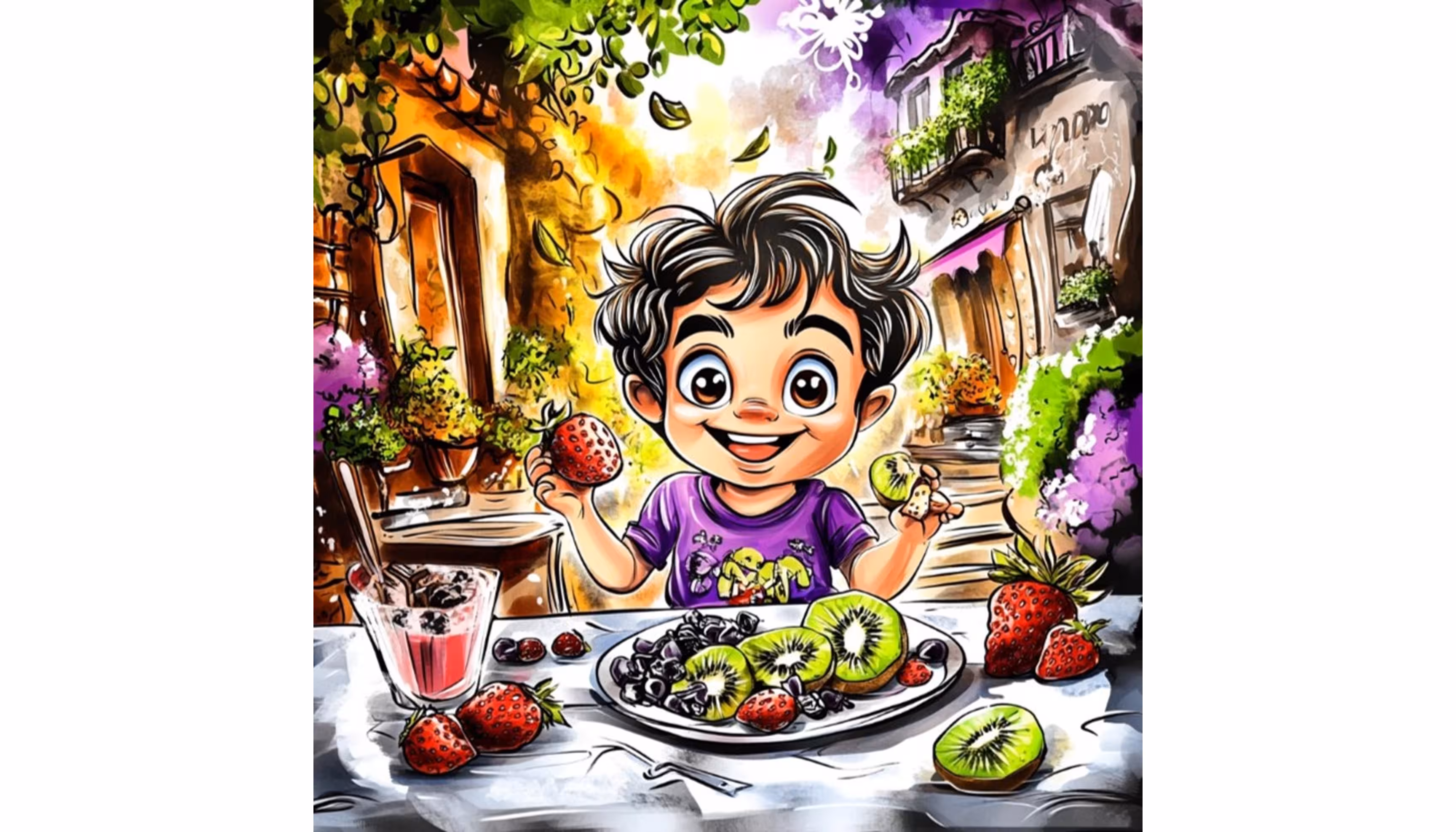 "Luc eating strawberries, kiwis and pineapples as spring turns into summer in May and June"