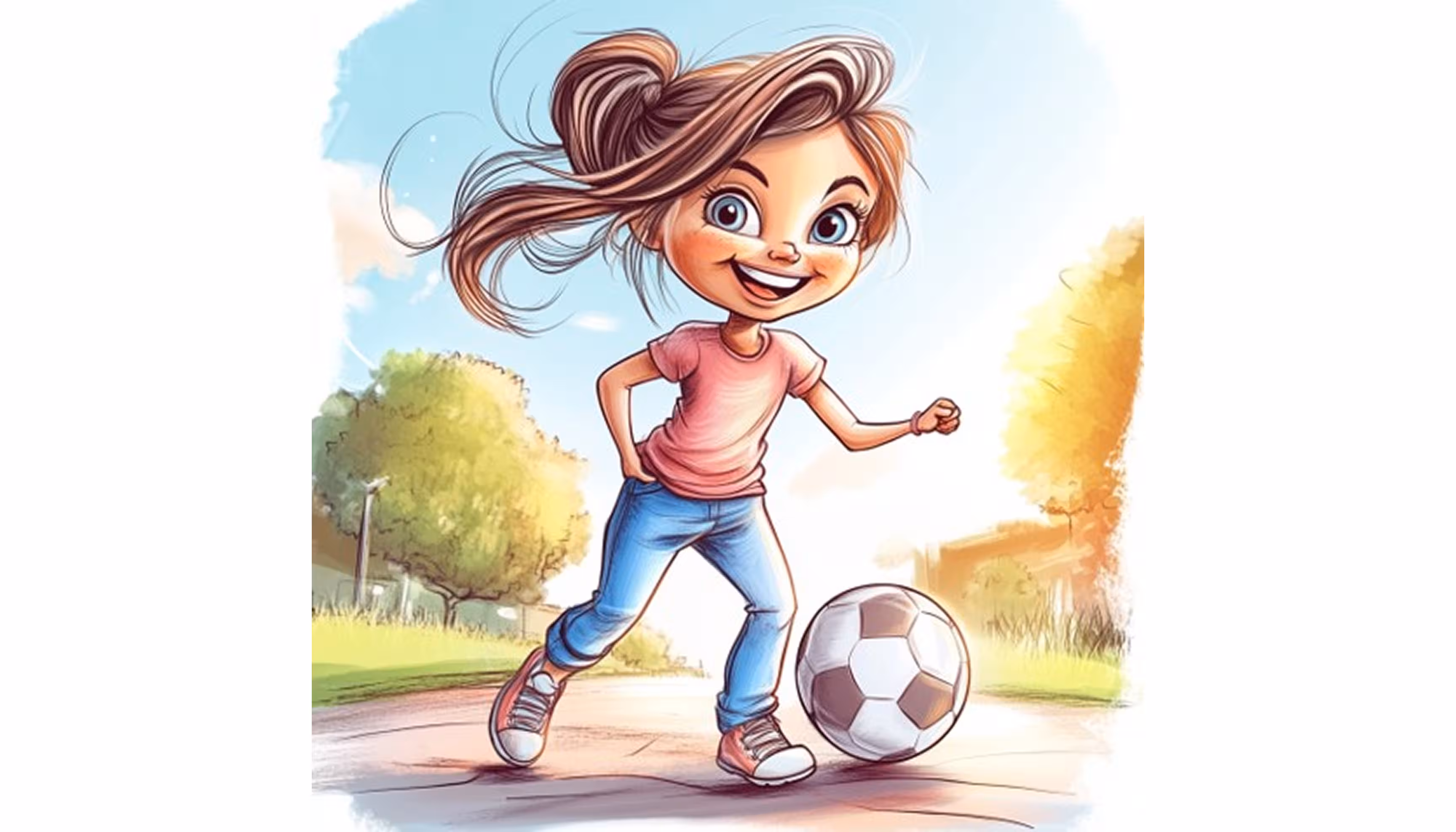 "Léa playing soccer with her friends at school and turning away from a jumping rope"