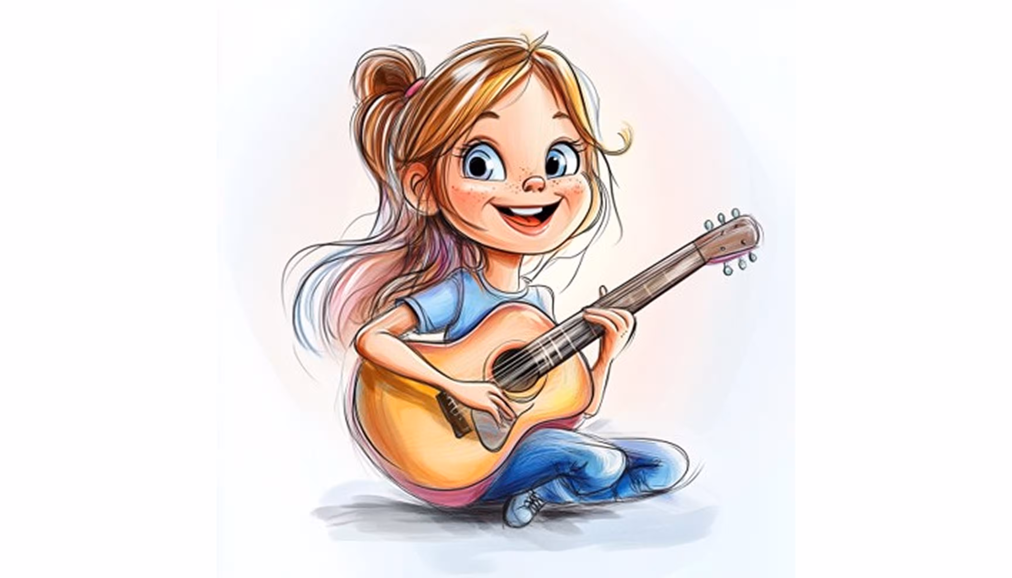 "Léa playing the guitar happily and covering her ears at the sound of a flute"