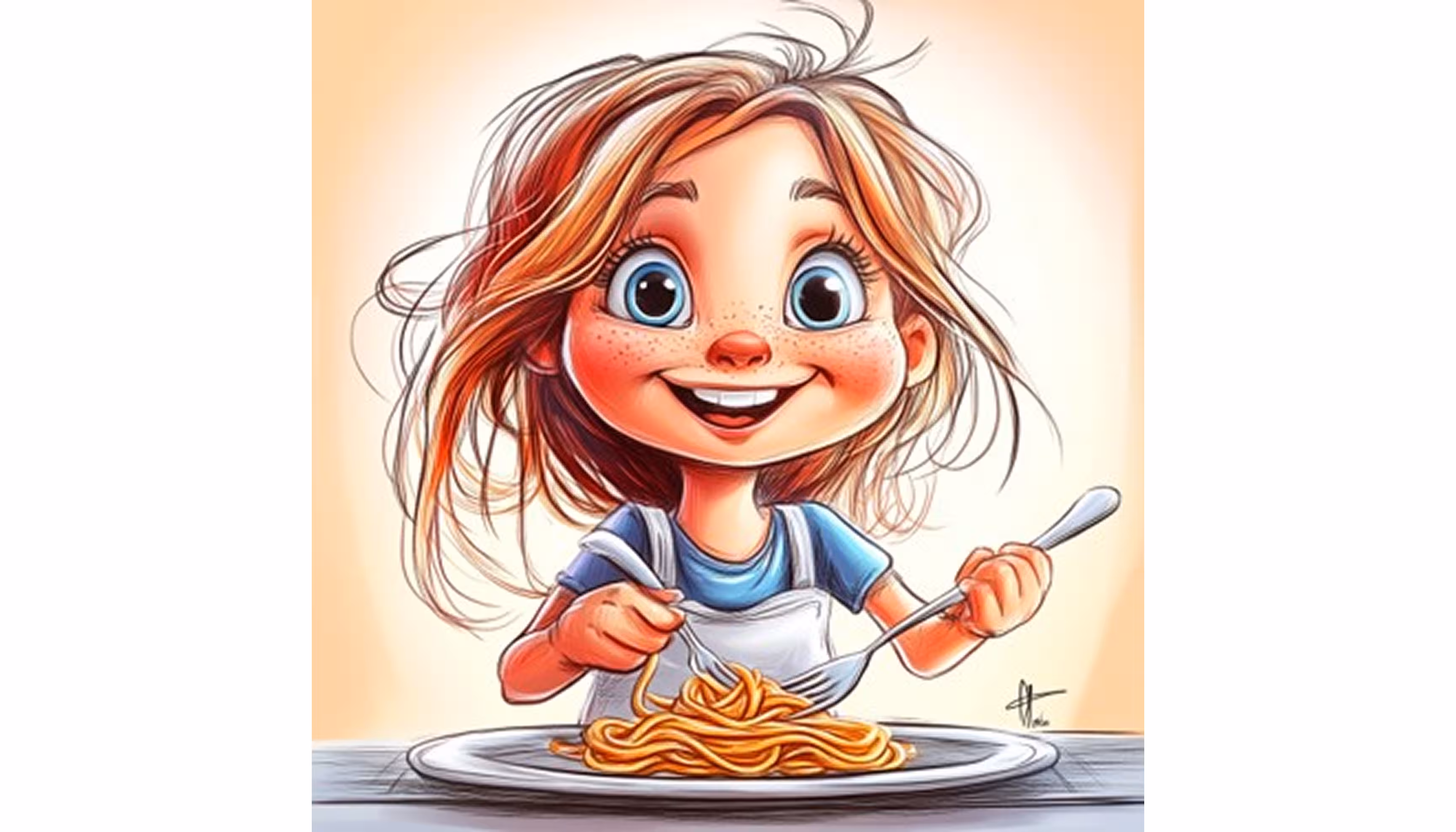 "Léa at the dinner table cheering for pasta and frowning at the beans"