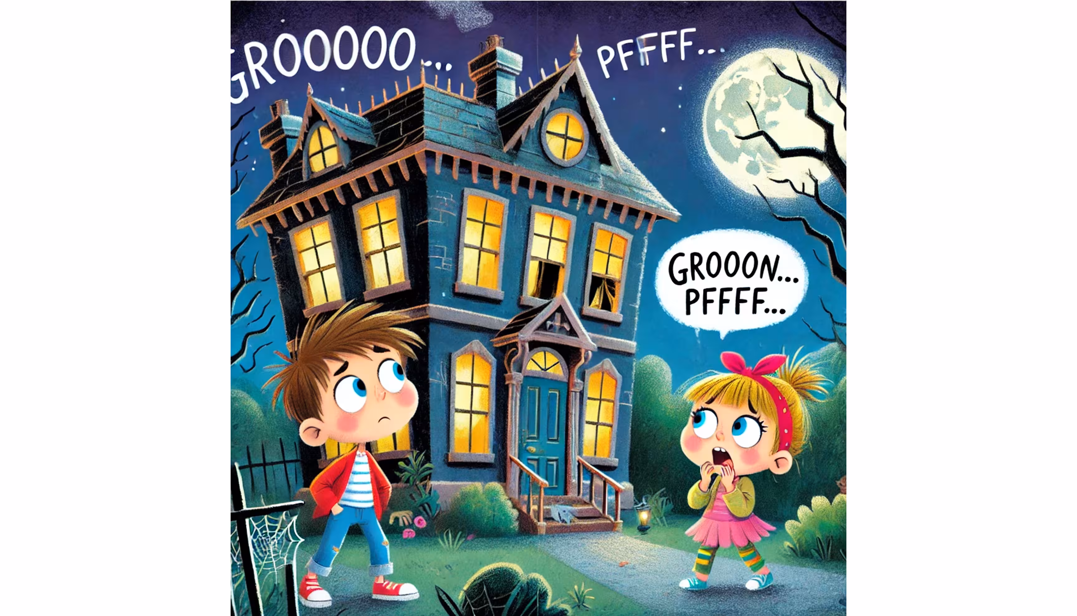 "Tom and Léa stopping in the street in front of an old haunted-looking house"