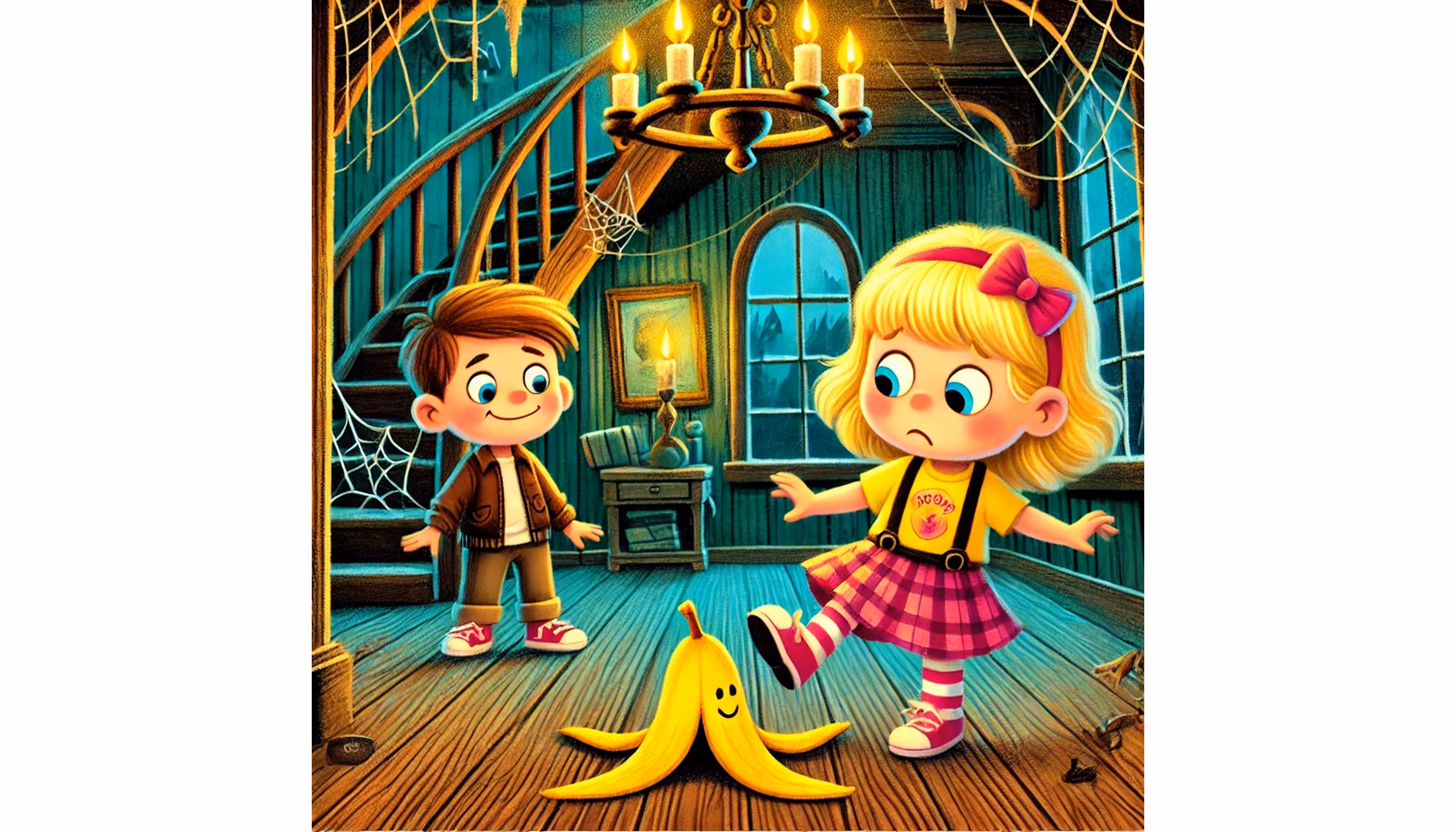 "Tom pushing open the creaking door while Léa steps on a banana peel inside the house"