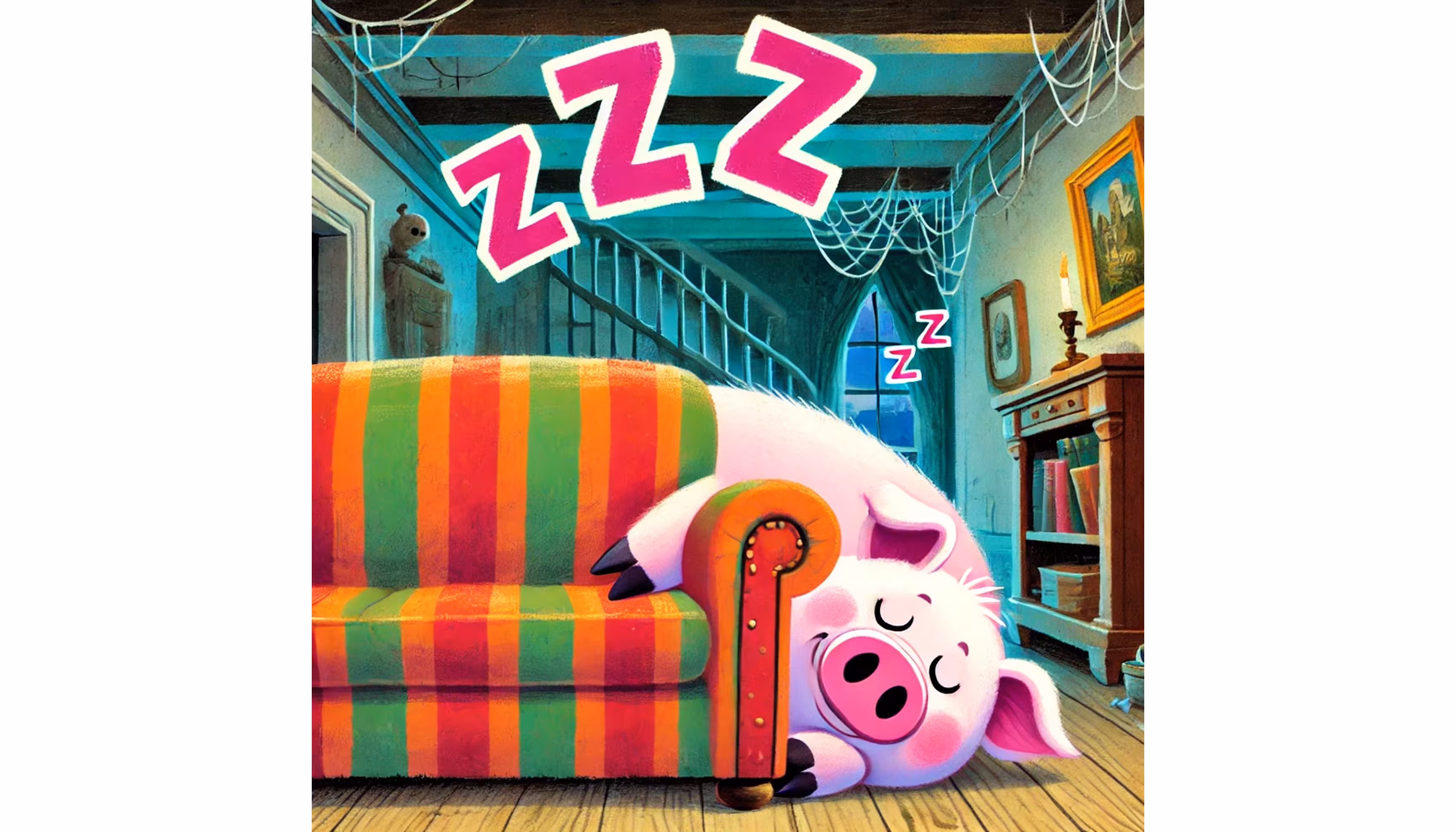 "Tom looking behind the couch and finding a pig sleeping with its mouth wide open and snoring loudly"