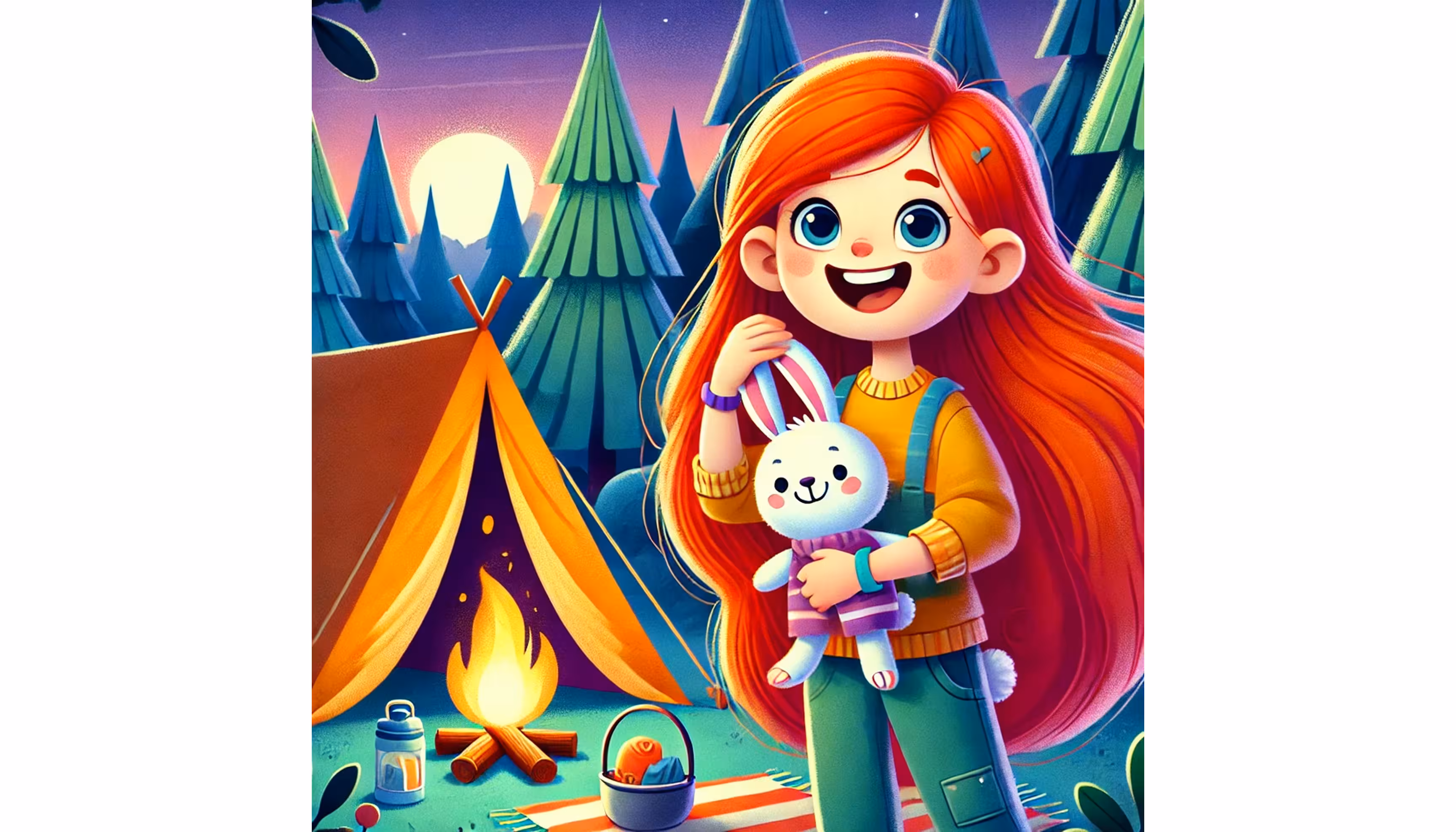 "Marie in her tent at a campsite with her stuffed bunny Lapinou, a flashlight and chocolate cookies"