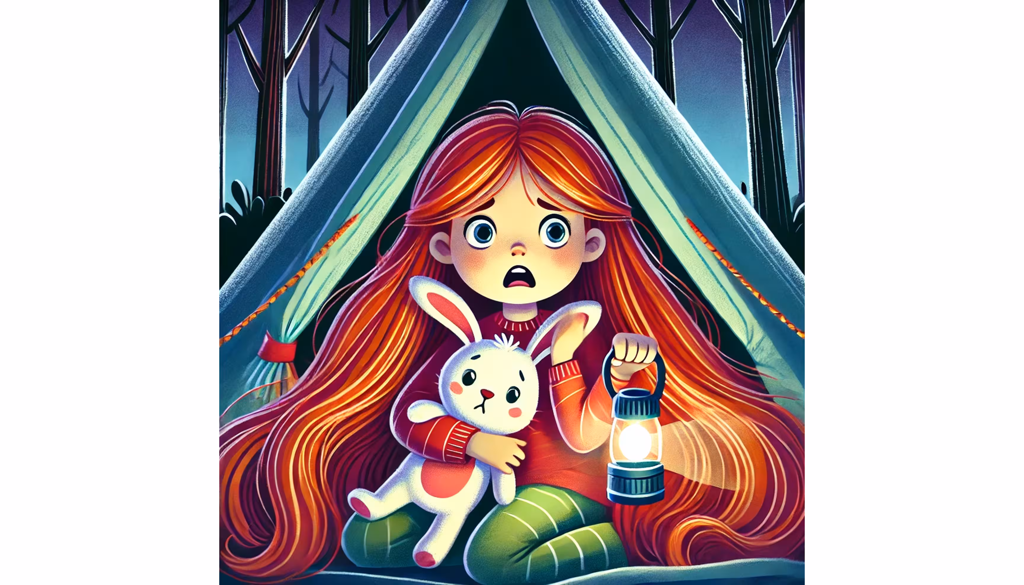 "Marie shining her flashlight outside the tent, scared by a cracking noise in the dark"