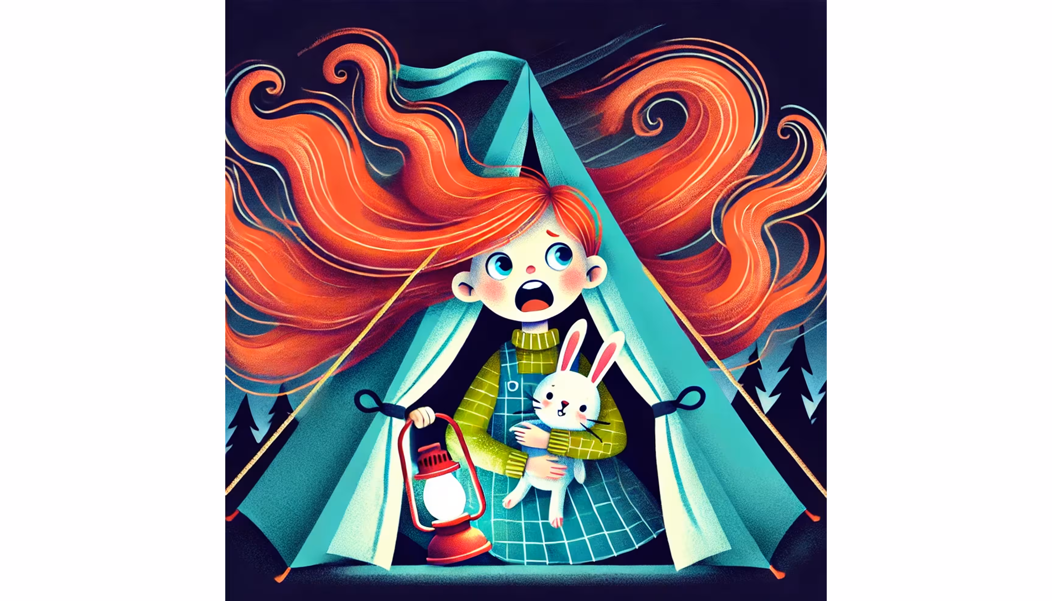 "Marie hiding behind Lapinou with her eyes shut while the tent shakes around her"