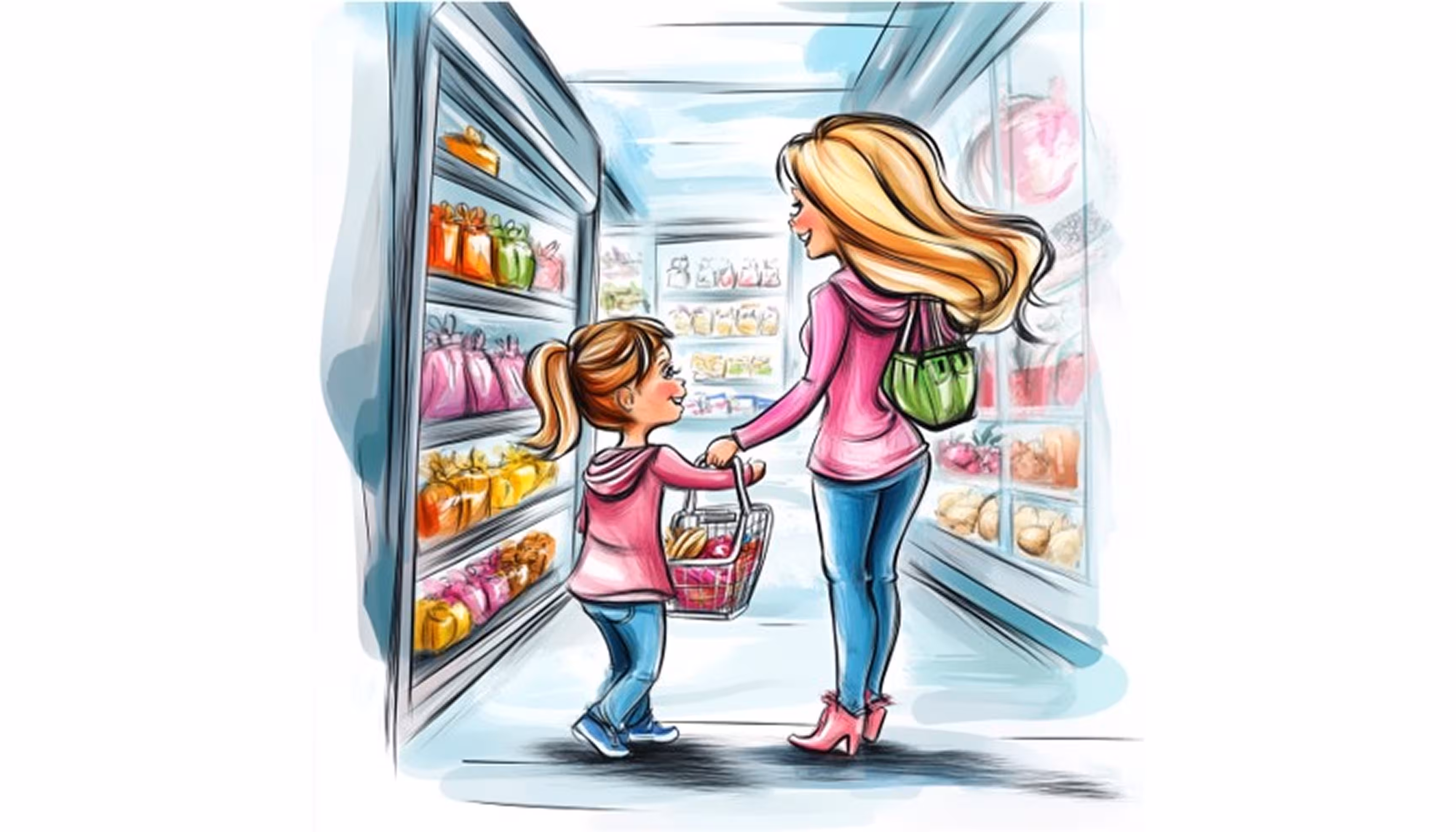 "A little girl and her mother are standing in an aisle in a grocery store. They both wear a pink top and blue jeans."