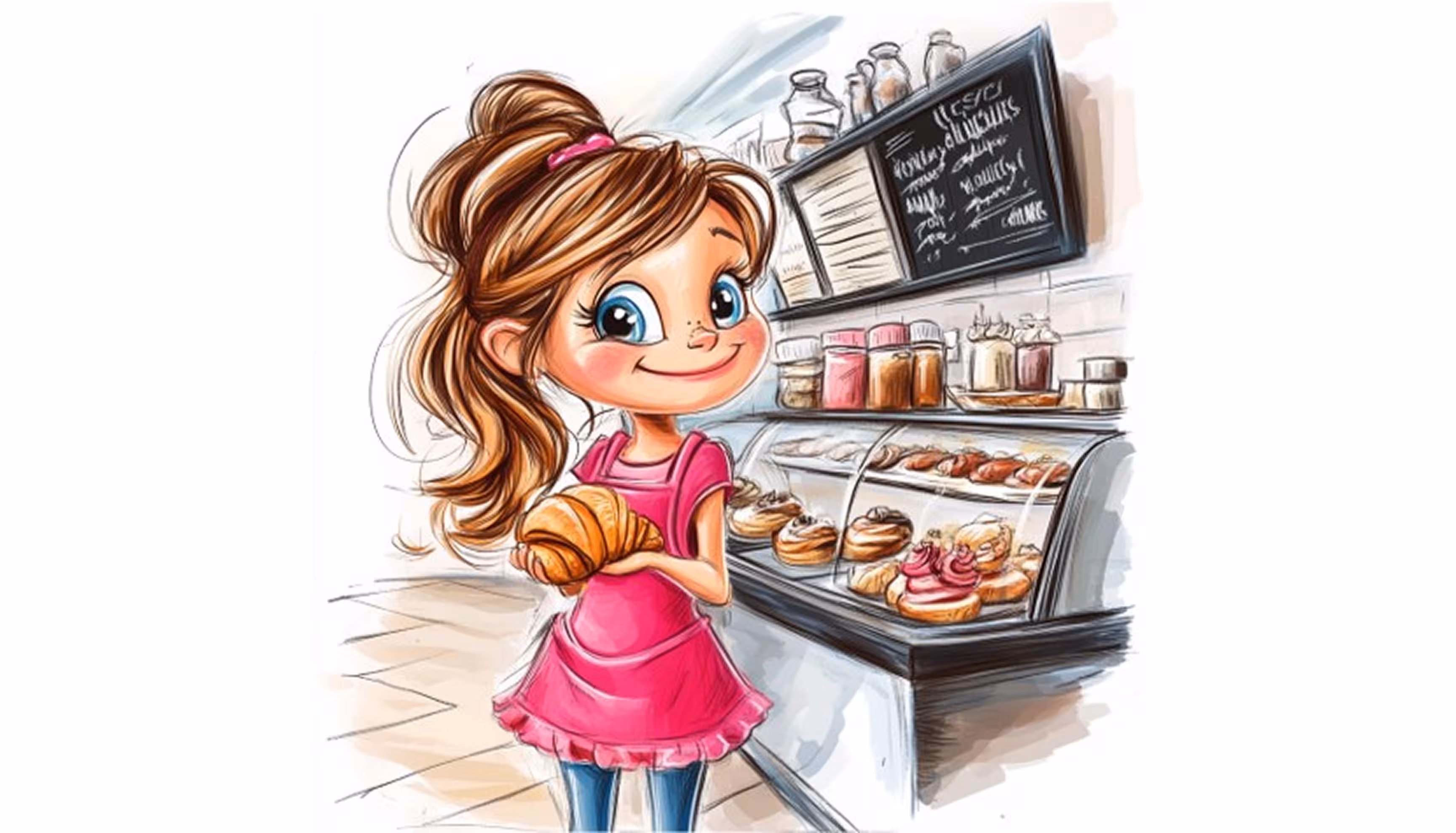 "A little girl dressed in pink and blue is holding a croissant as she's standing in a bakery."