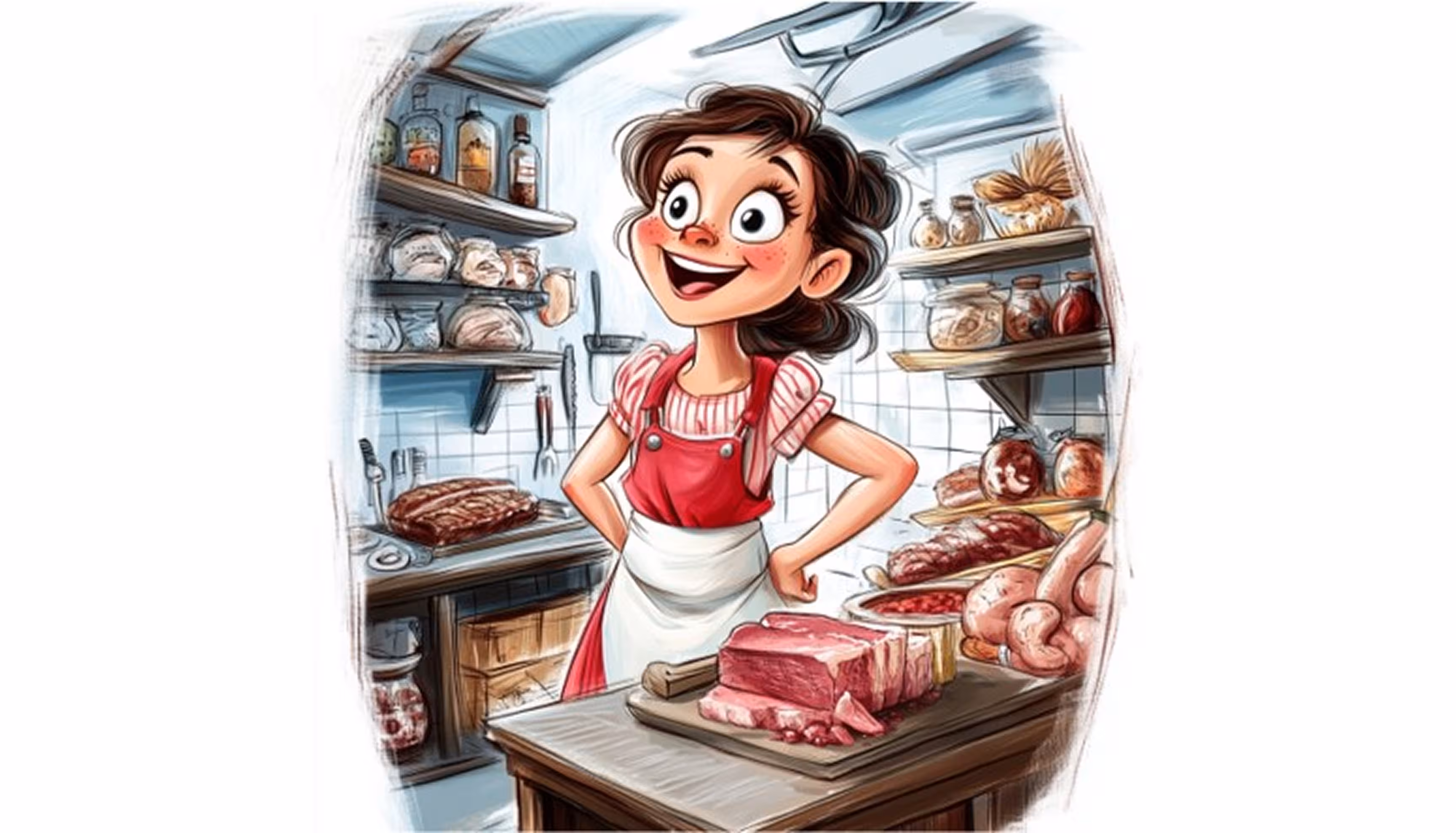 "A brunette lady butcher is standing in her shop."