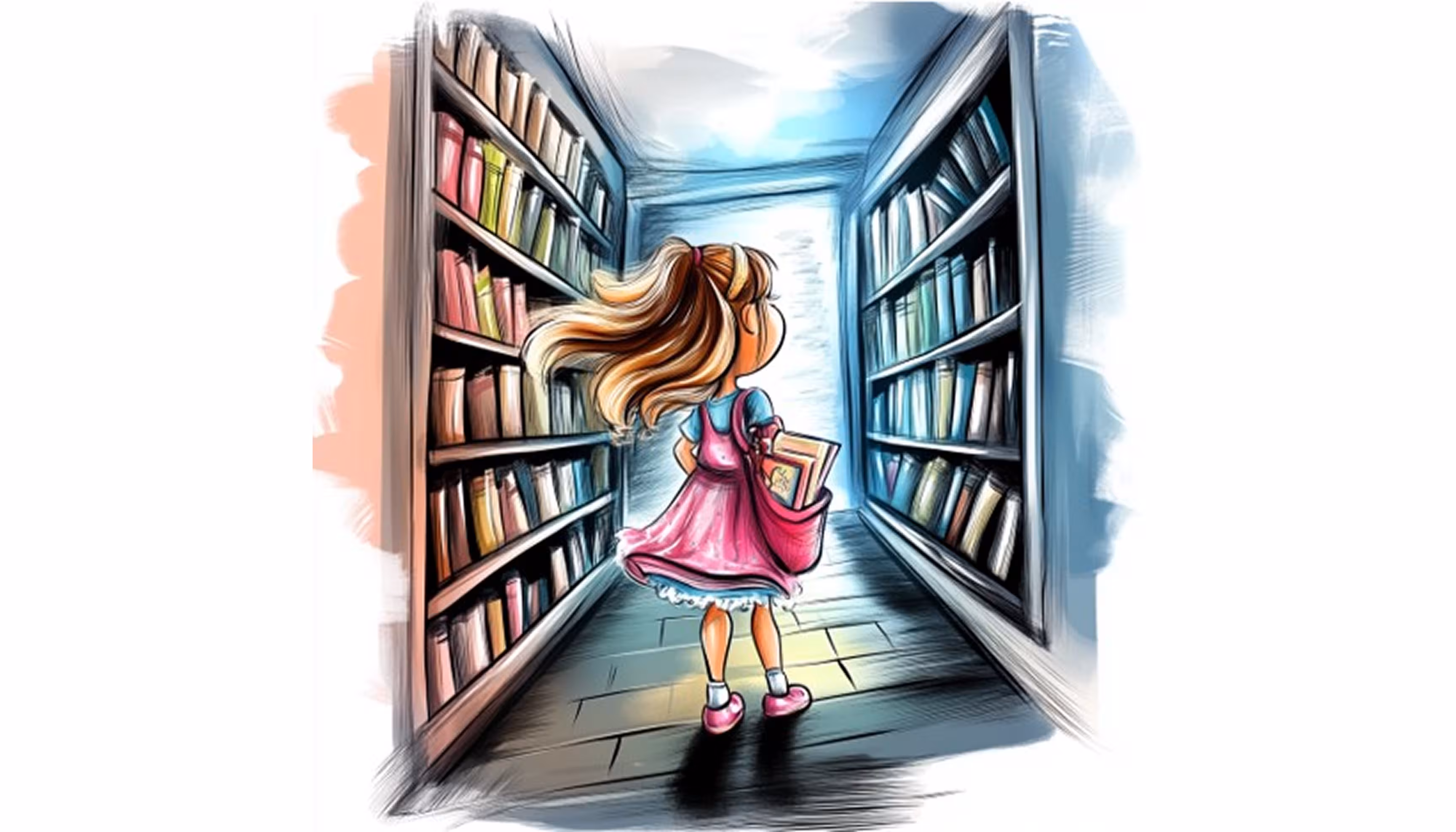 "A little girl dressed in pink and blue is standing in the aisle of a bookshop."