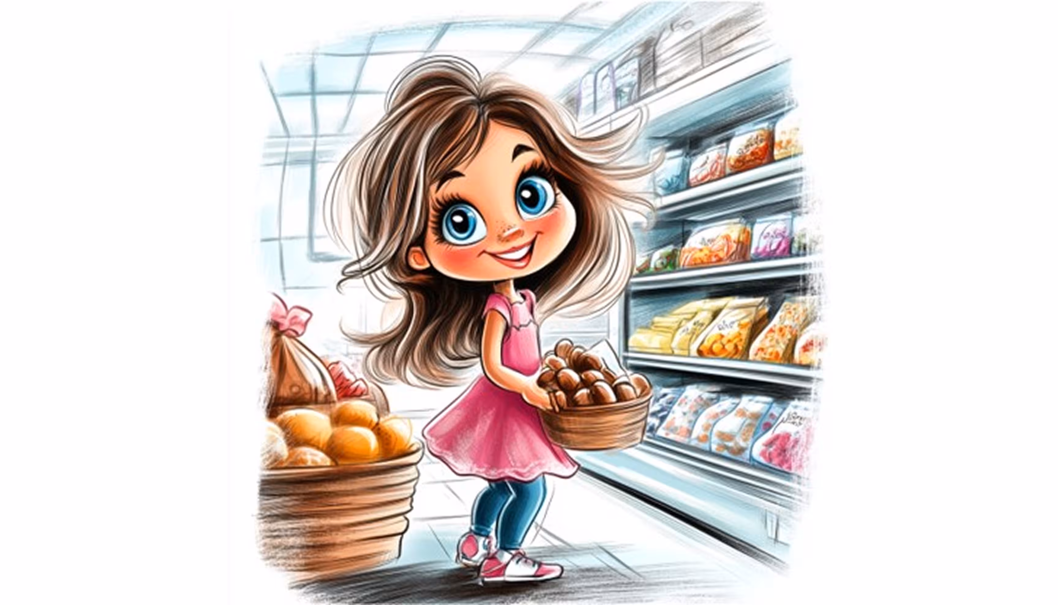 "A little girl dressed in pink and blue is buying apples and milk at the supermarket."