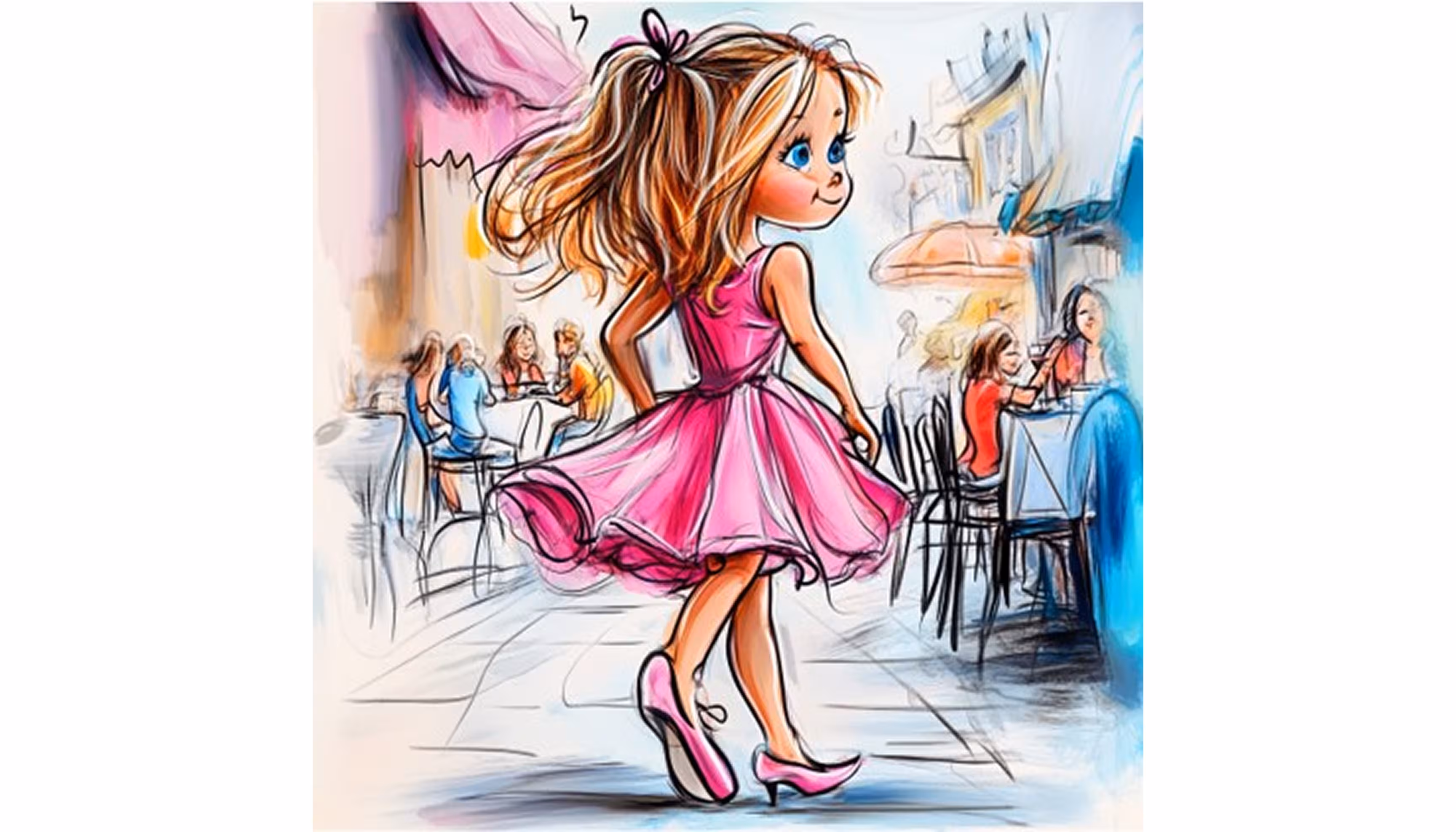 "A little girl dressed in pink and blue is sitting at a table in a restaurant at dinner time."