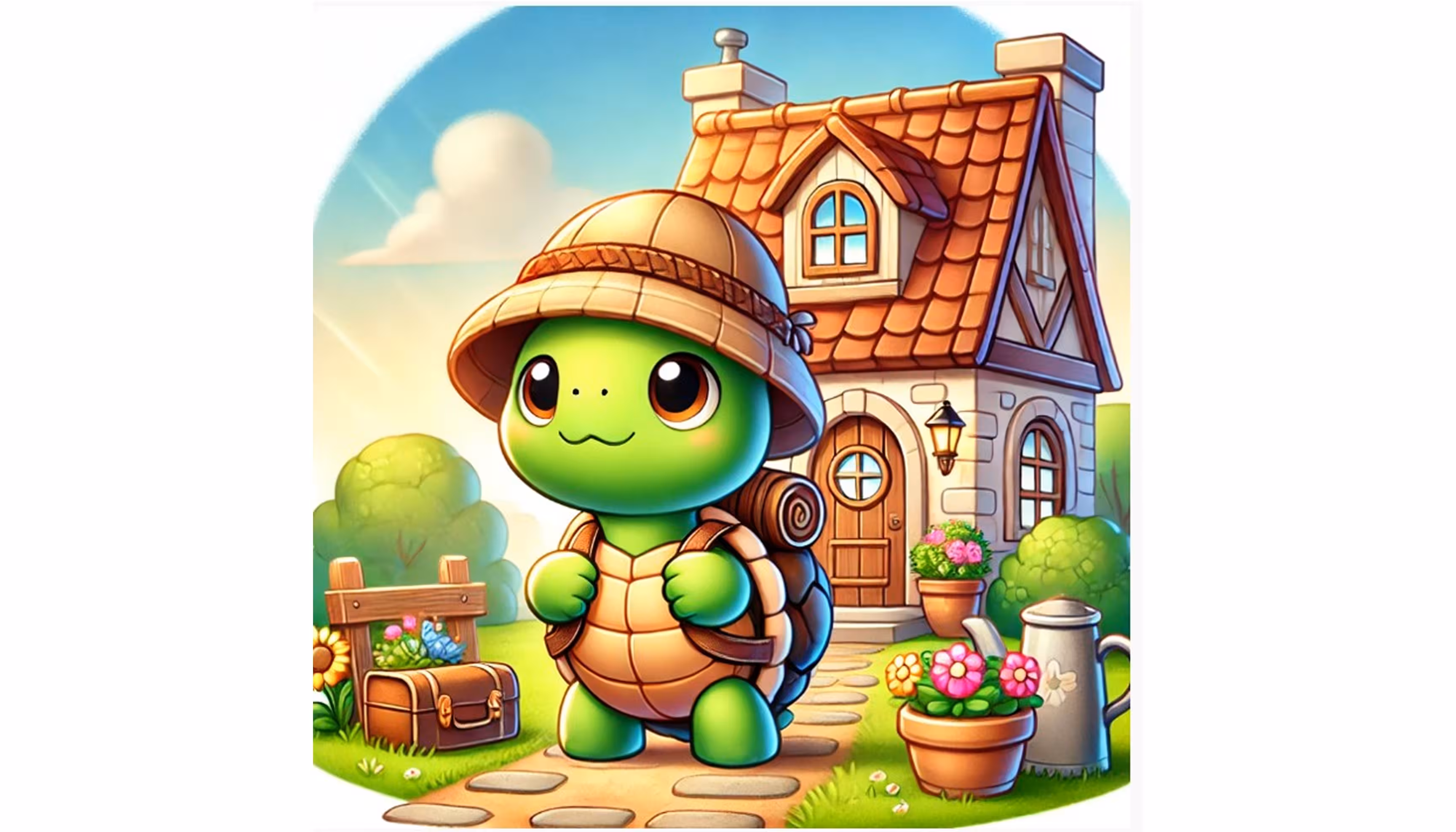 "A little turtle wearing a hat and a backpack is standing in front of a house."