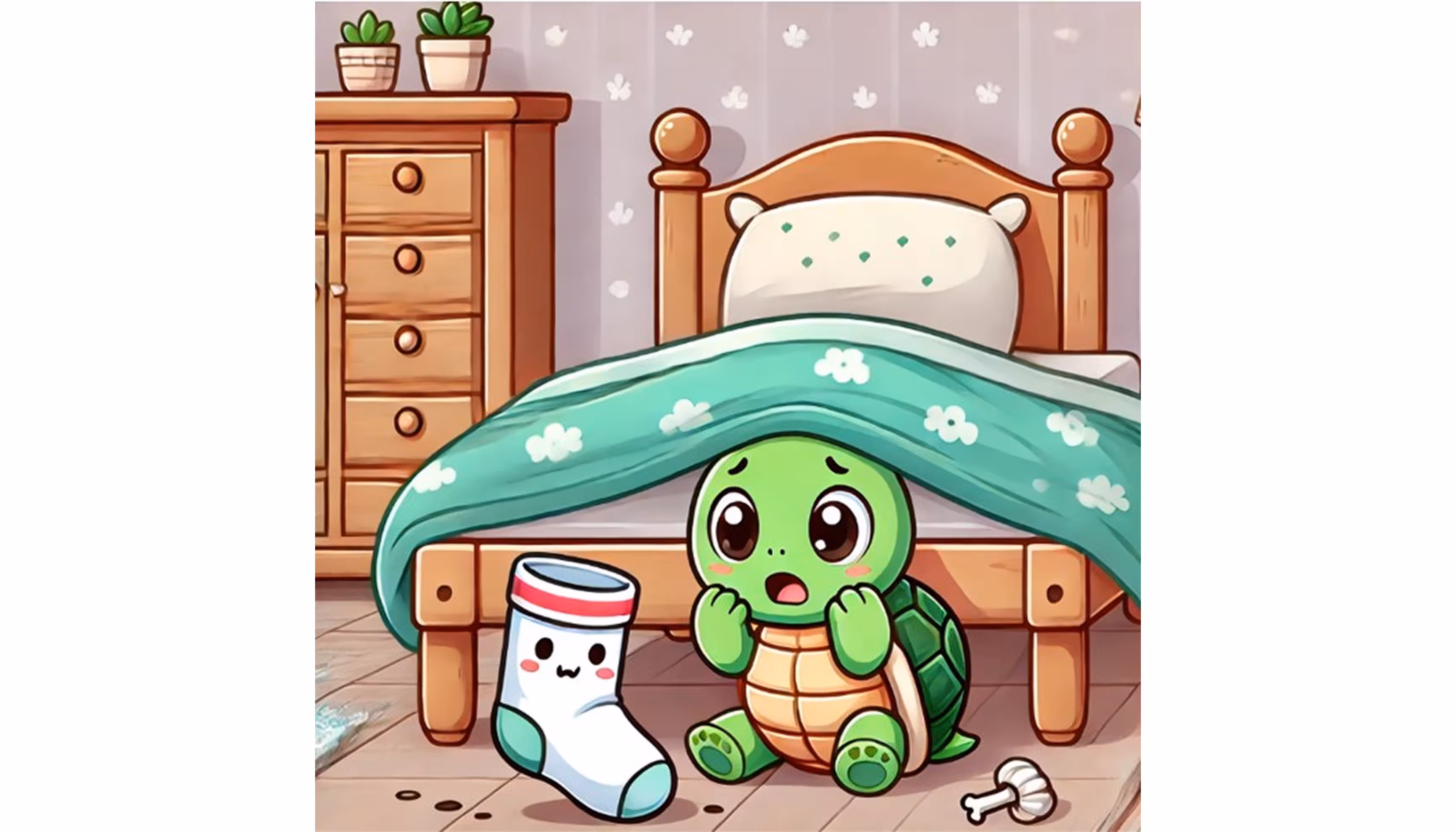 "A little turtle is sitting in her bedroom and looks scared."