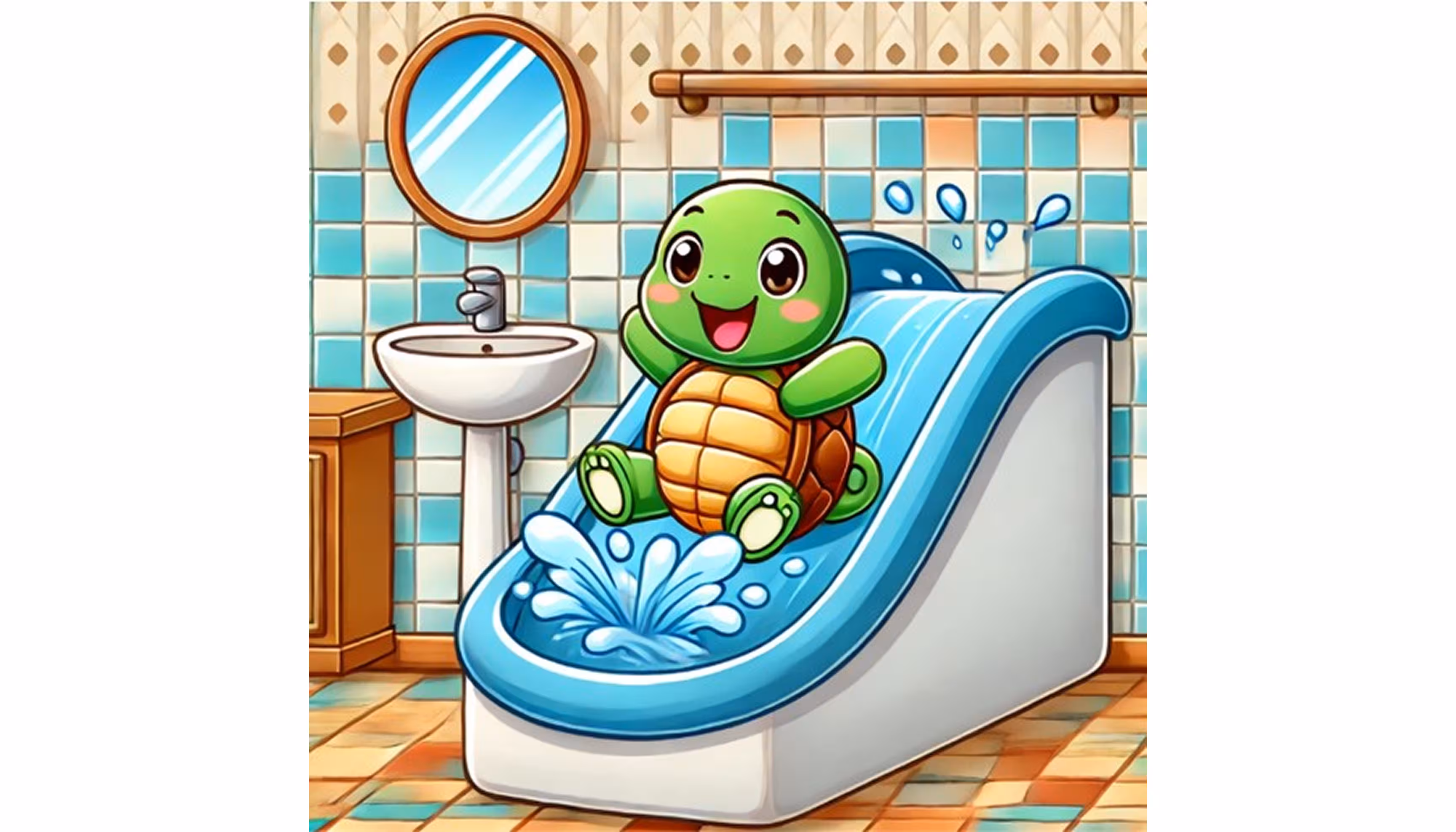Happy little turtle having fun with a water slide in a bathroom."