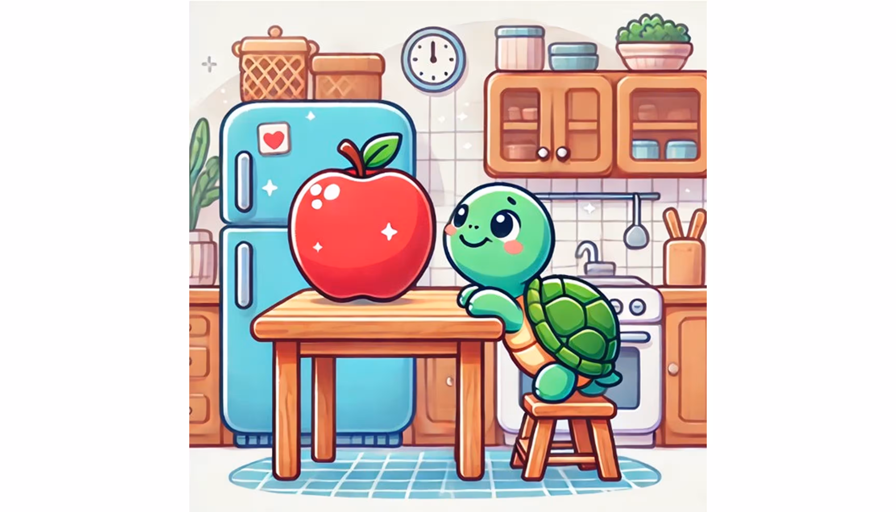 "A little turtle is longingly looking at a big apple on the kitchen table."