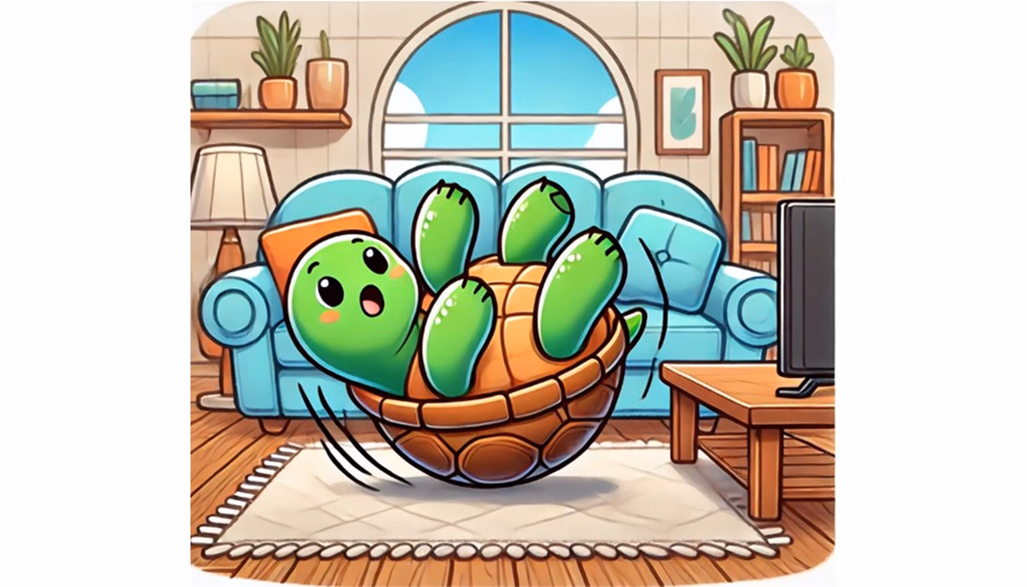 "A little turtle is struggling on her back in the middle of the living room."
