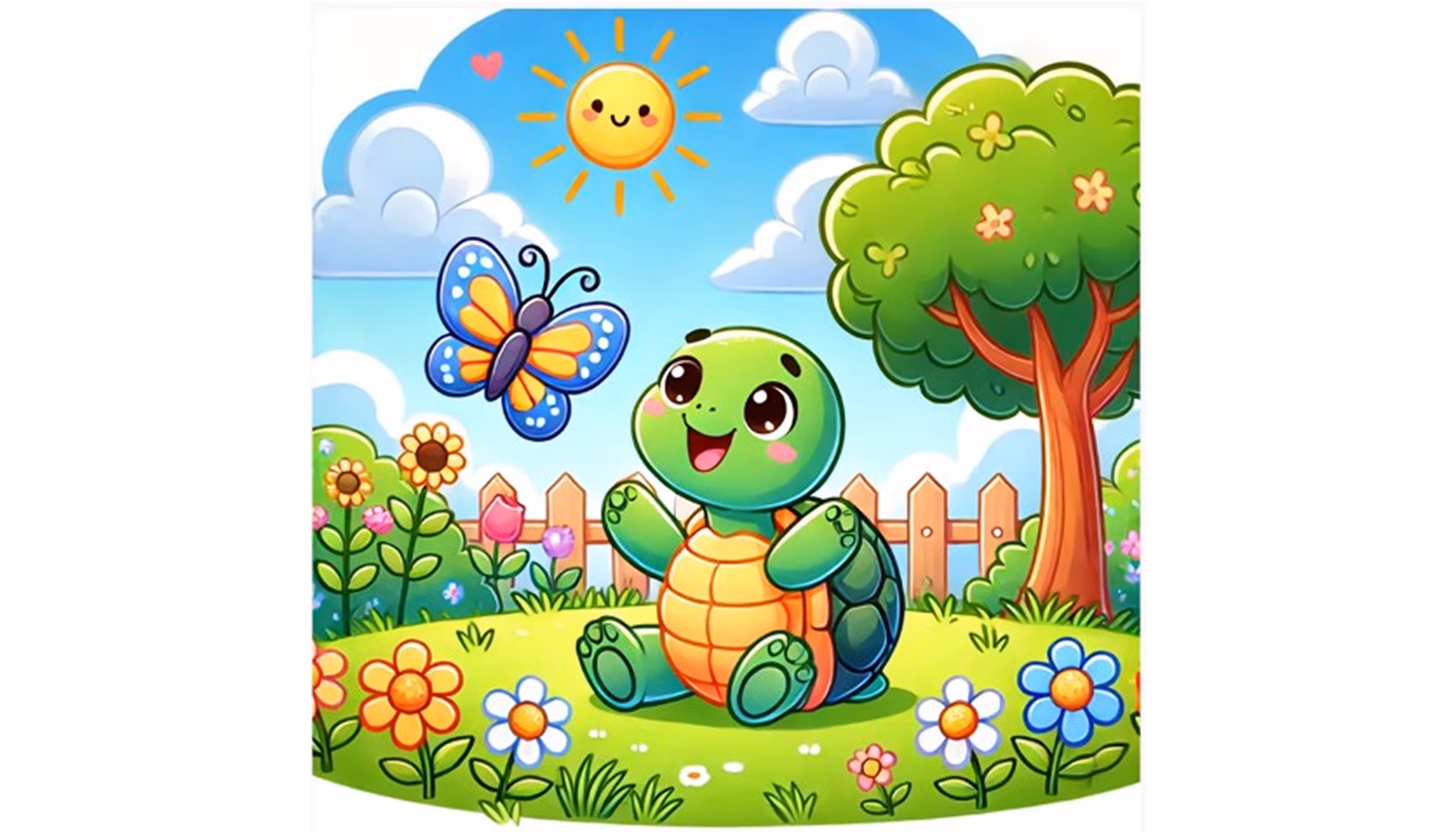 "A happy little turtle sitting in the garden playing with a blue butterfly."