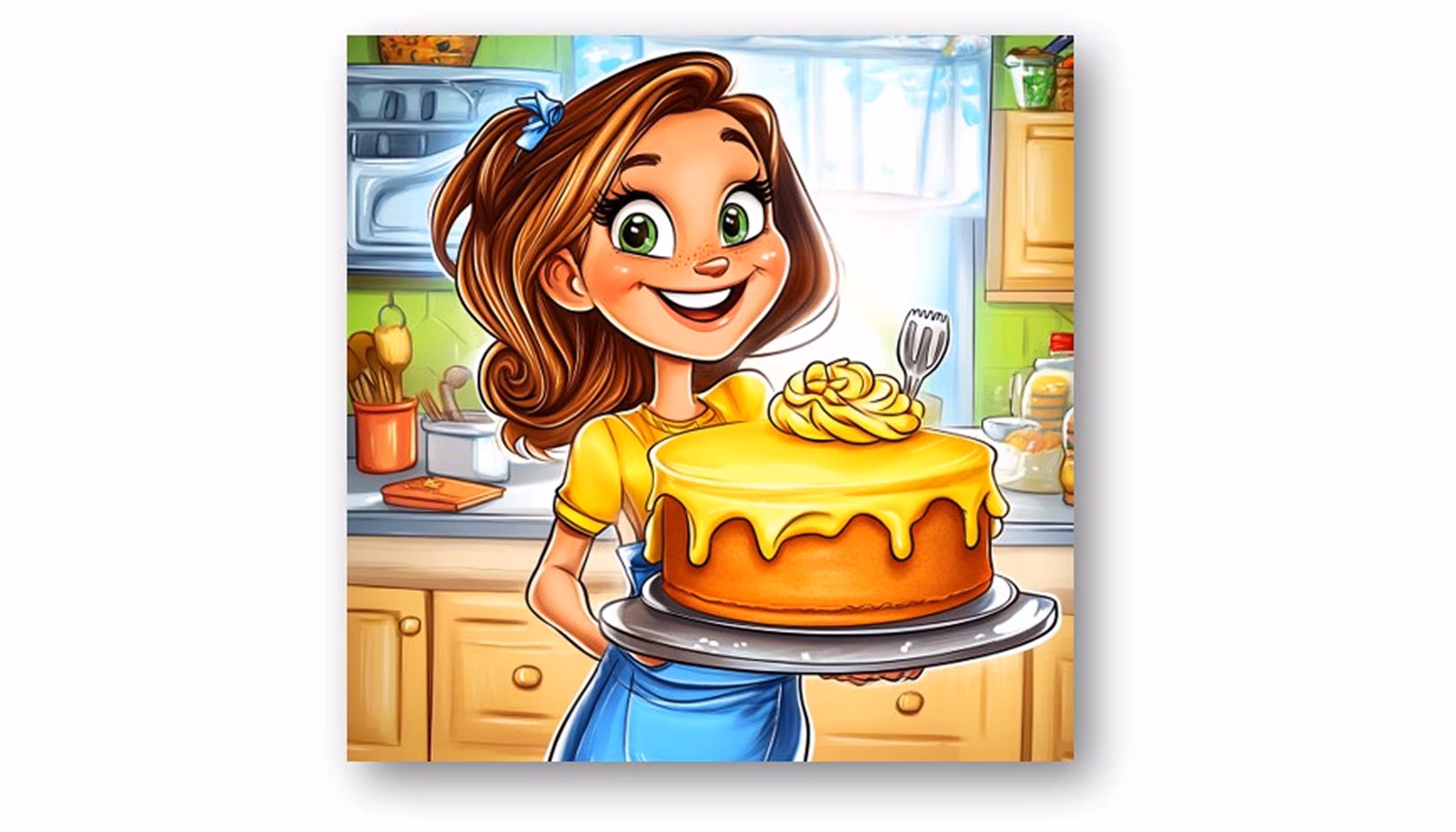 "A brunette woman dressed in yellow and blue is holding a big birthday cake as she stands in her kitchen."