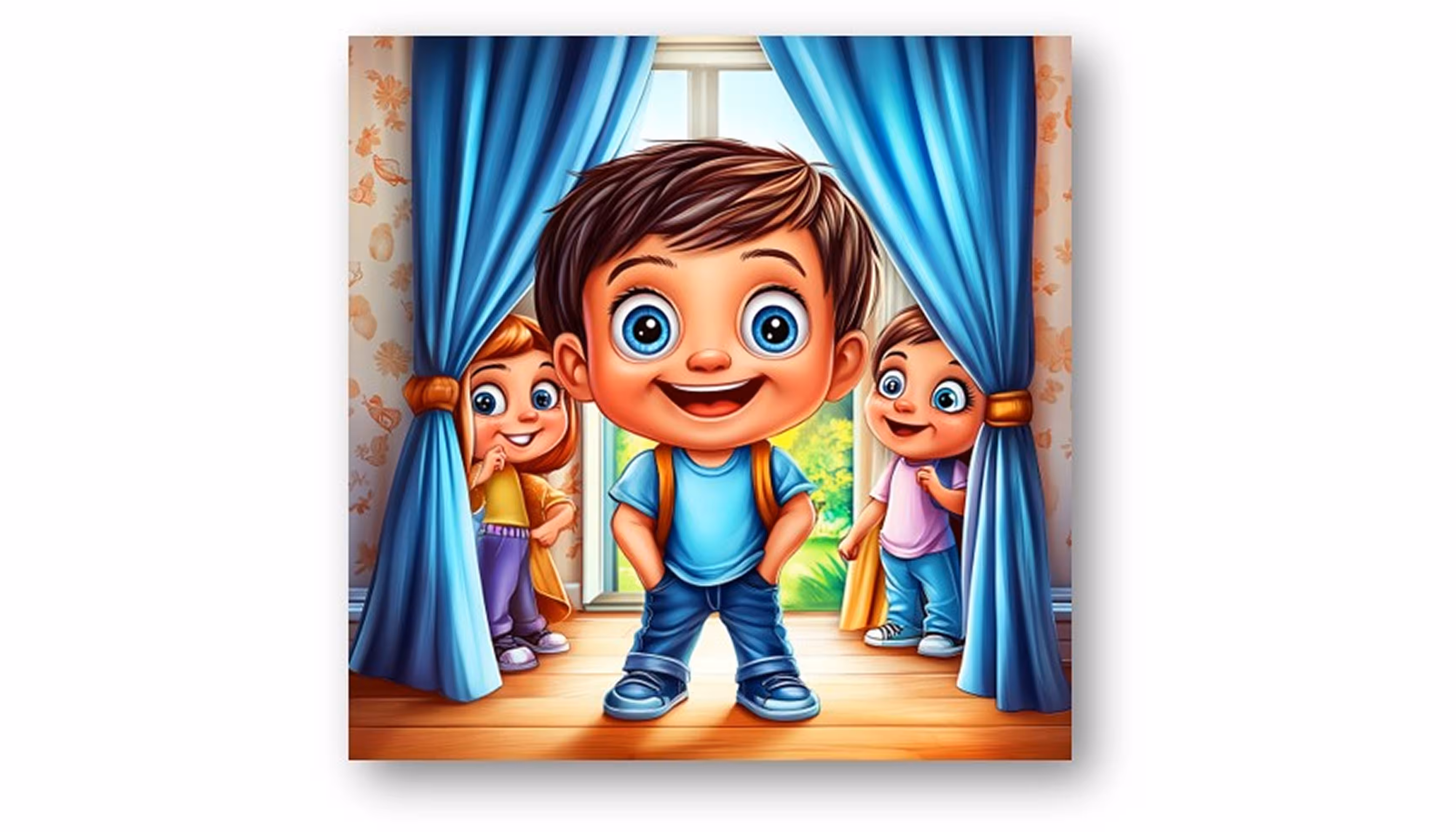 "Children standin near and behind blue curtains. They look happy."