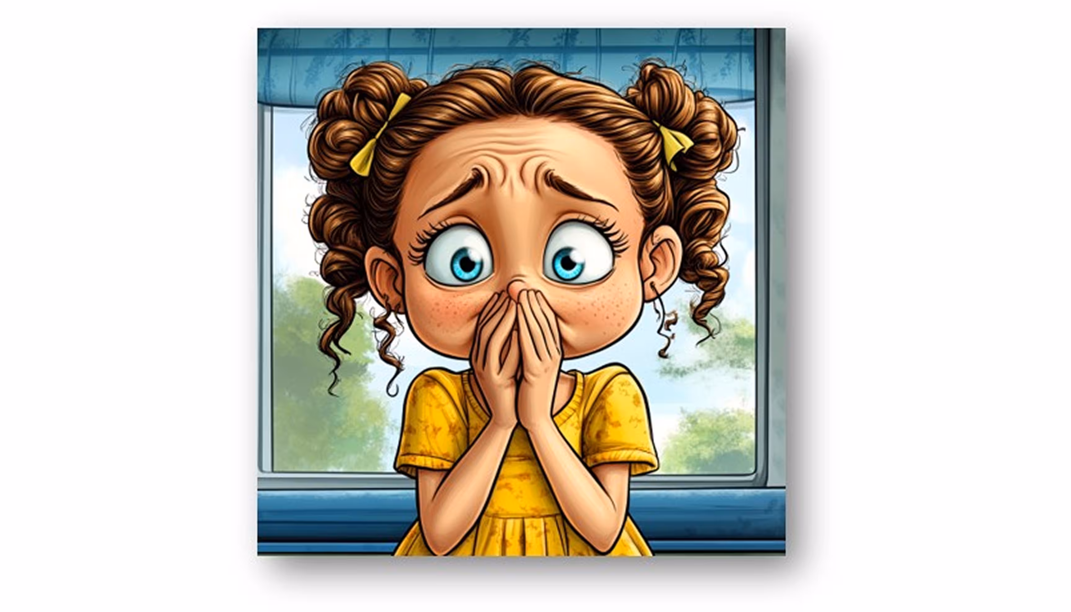A little girl with brown hair and in a yellow dress is trying not to sneeze and looks worried."
