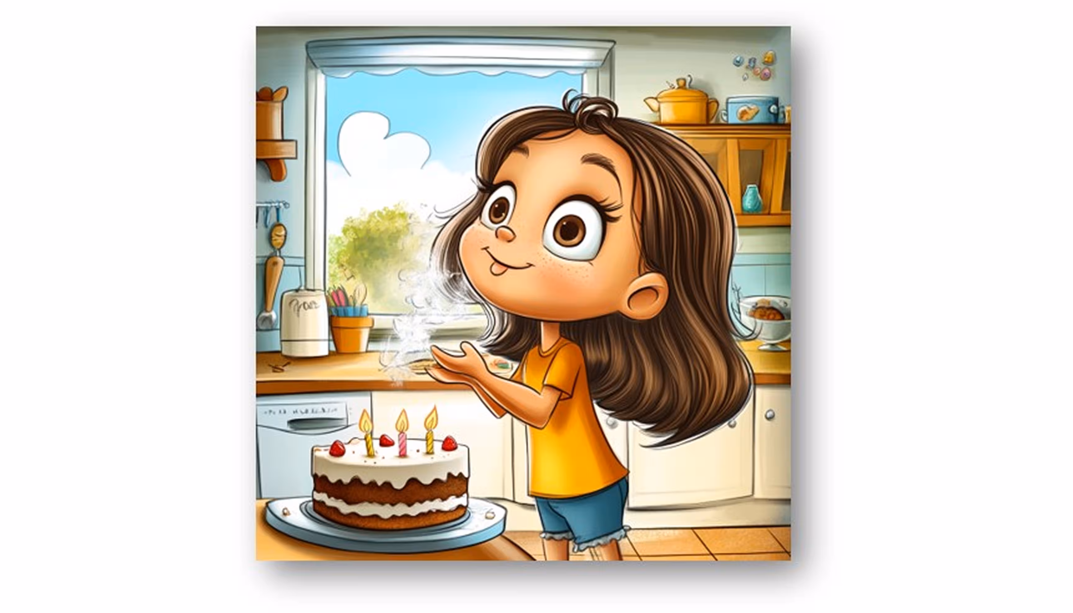 "A little girl with brown hair and dressed in yellow and blue is excited about her birthday cake."
