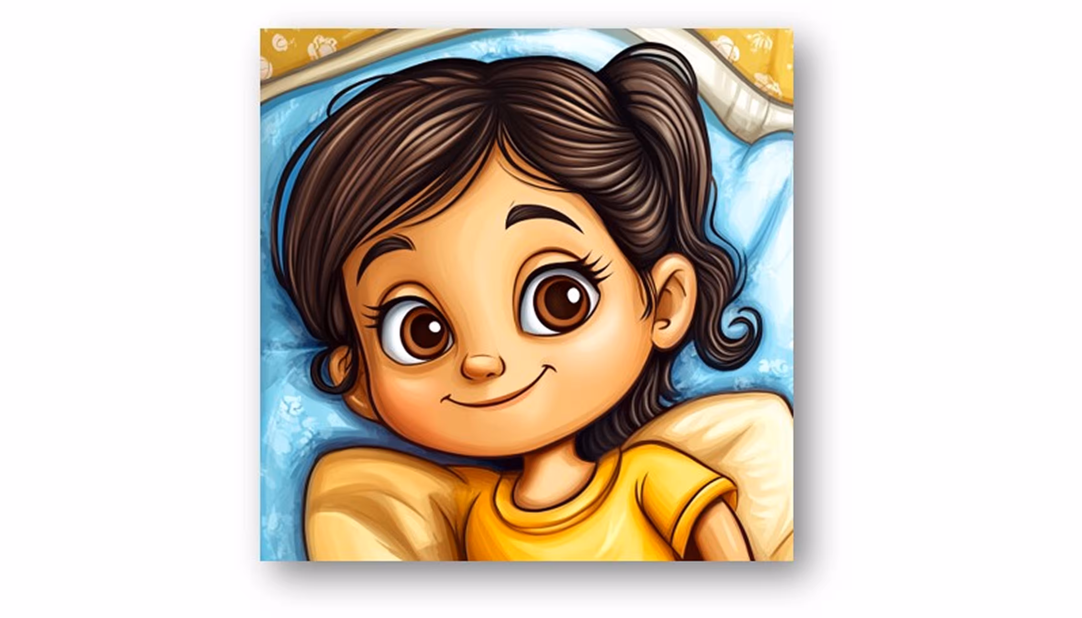 "A little girl with brown hair and a yellow shirt is sleepy in her bed."