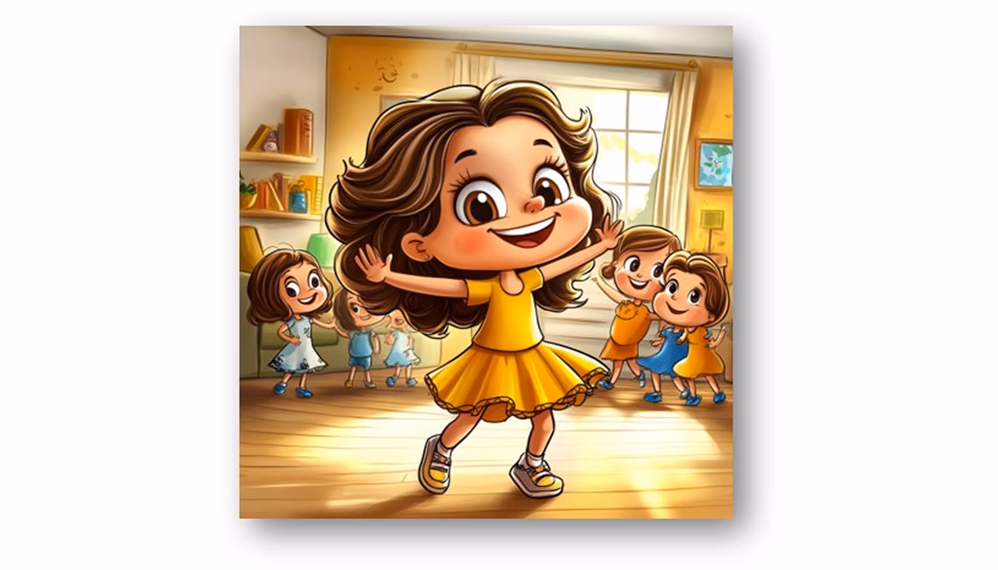 "Children dancing at the birthday party, one of them jumping on the couch while Zoé laughs on the floor."