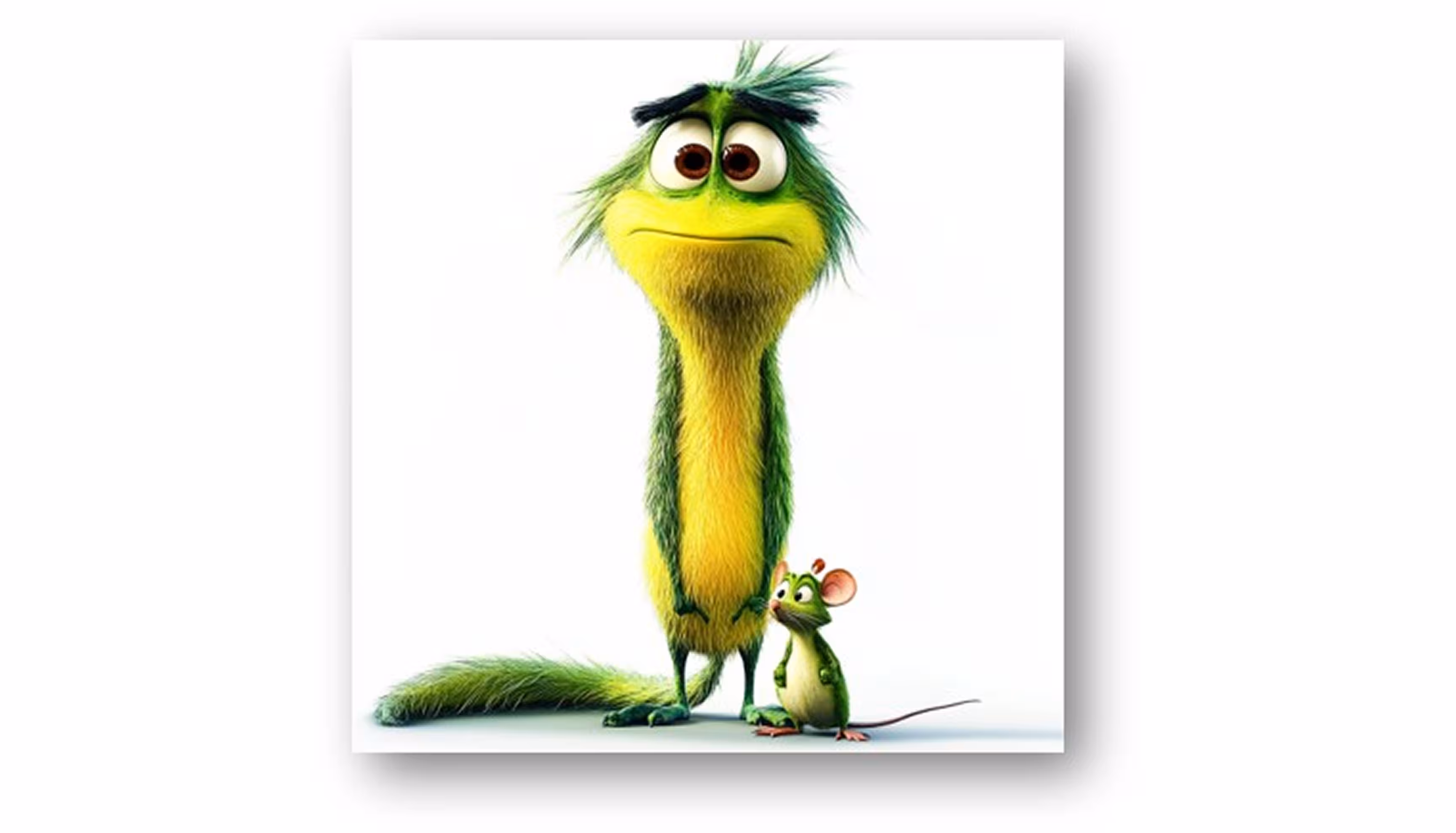 "A cute but sad green monster is standing next to a much smaller mouse."