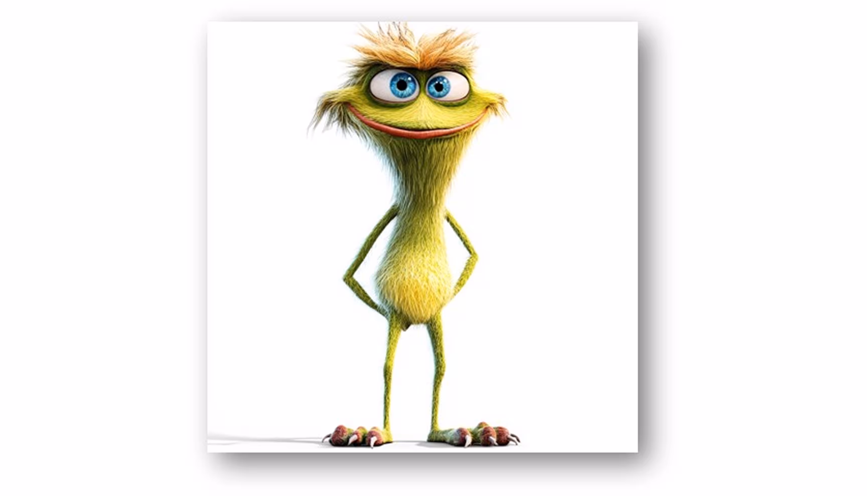 "Close-up of the green monster with his big brown eyes and long green hair."