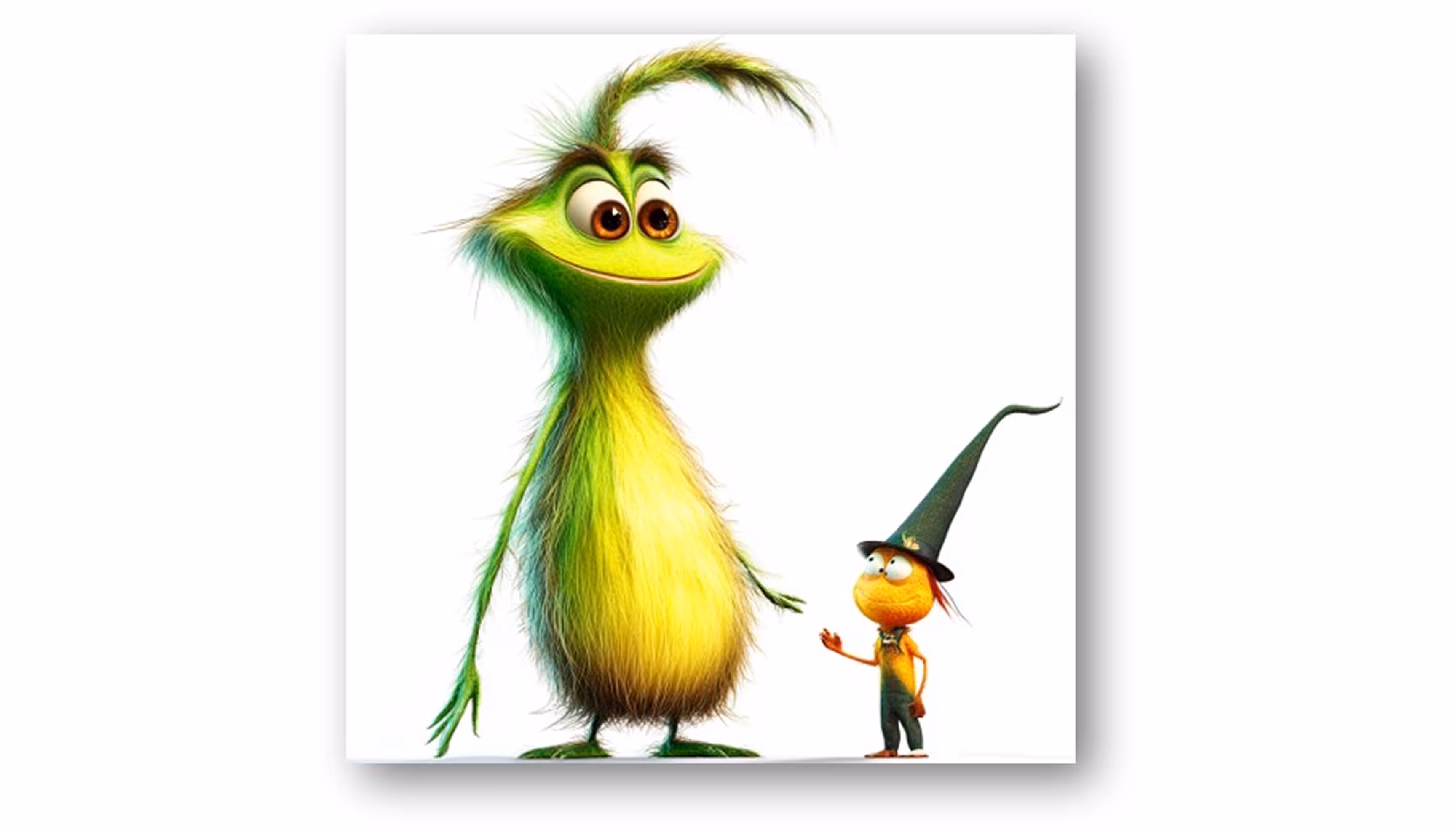 "A green cute monster is talking to a short fairy."